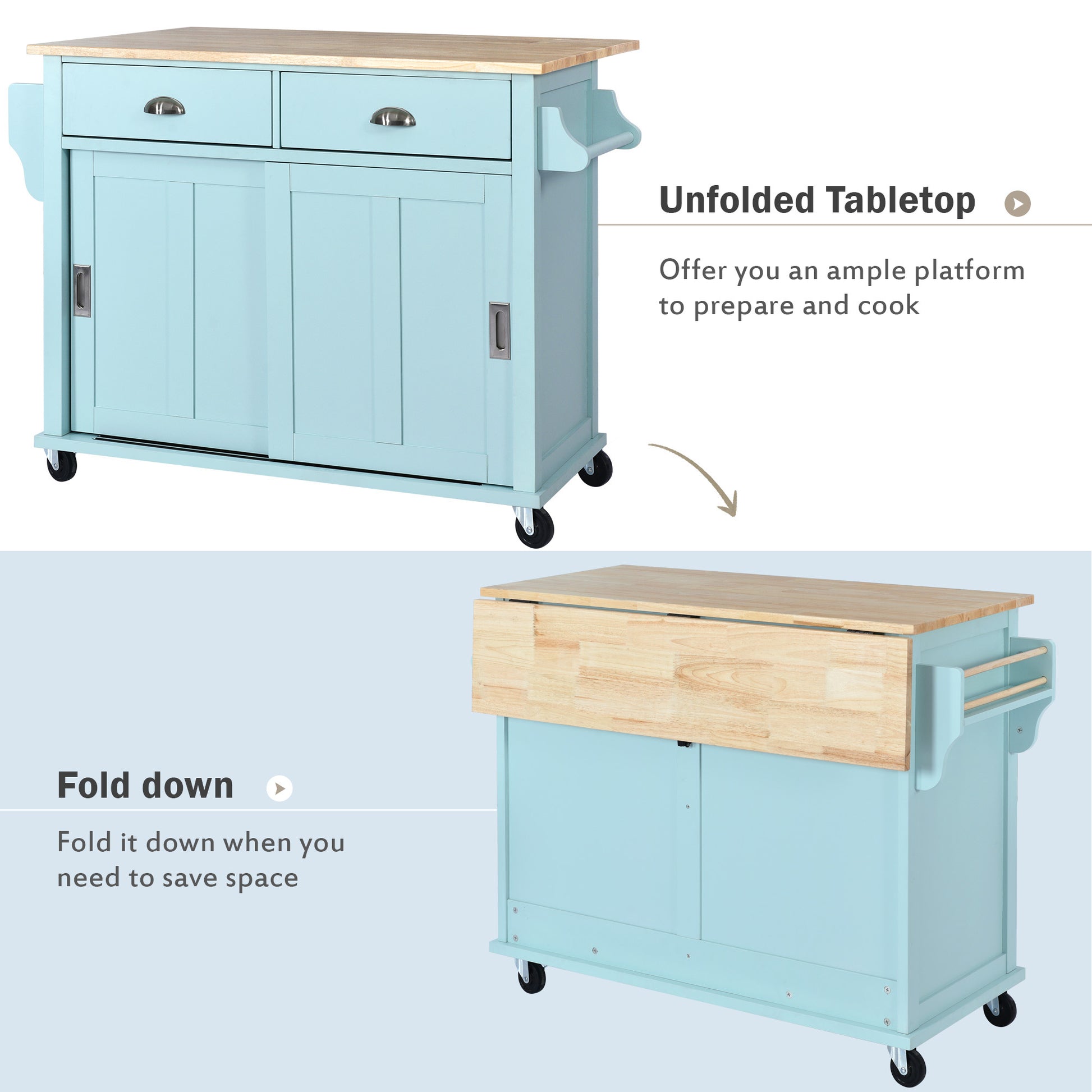 Kitchen Cart With Rubber Wood Drop Leaf Countertop, Concealed Sliding Barn Door Adjustable Height,Kitchen Island On 4 Wheels With Storage Cabinet And 2 Drawers,L52.2Xw30.5Xh36.6 Inch, Mint Green Mint Green Mdf