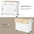 Kitchen Cart With Rubber Wood Drop Leaf Countertop, Concealed Sliding Barn Door Adjustable Height,Kitchen Island On 4 Wheels With Storage Cabinet And 2 Drawers,L52.2Xw30.5Xh36.6 Inch, White White Mdf