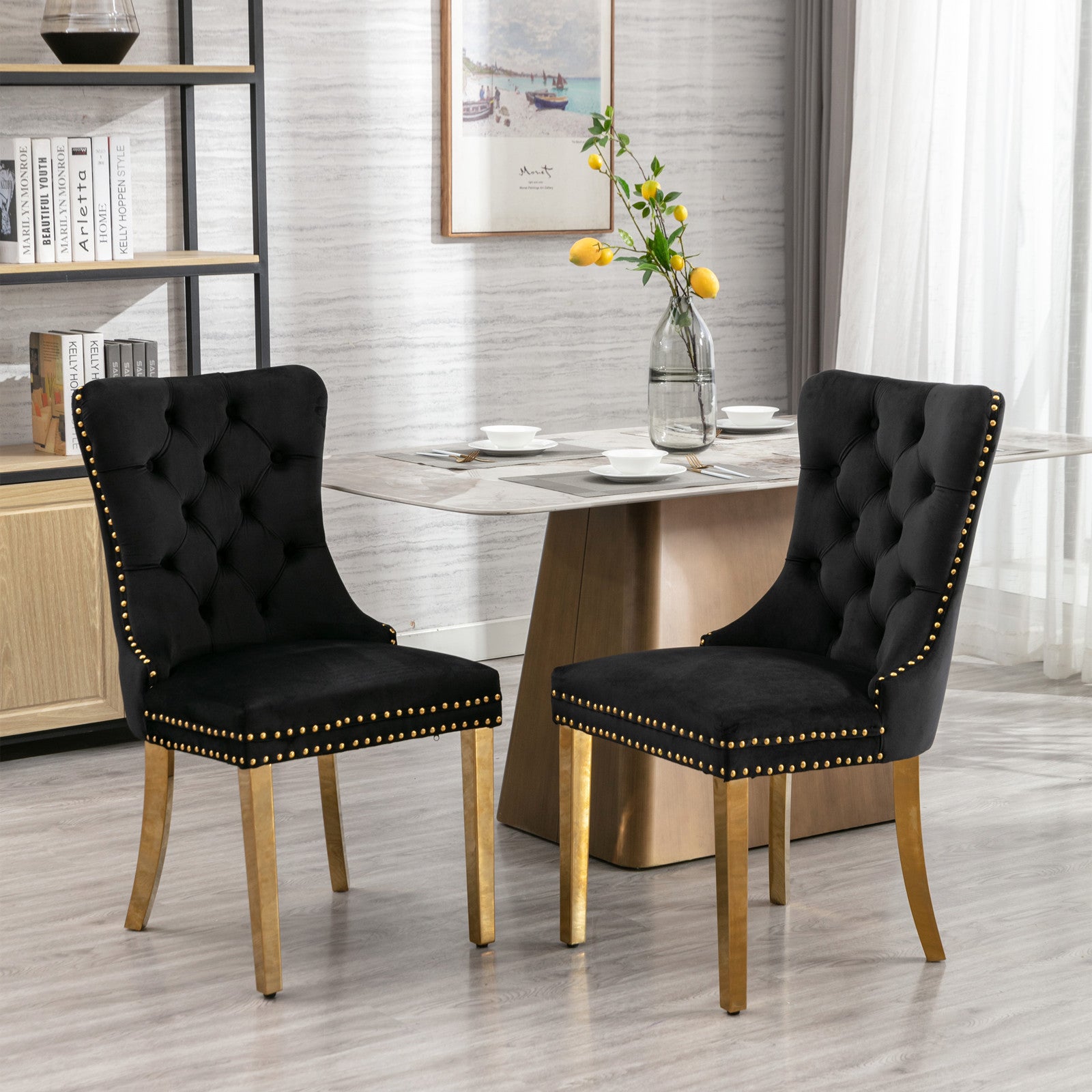 Nikki Collection Modern, High End Tufted Solid Wood Contemporary Velvet Upholstered Dining Chair With Golden Stainless Steel Plating Legs,Nailhead Trim,Set Of 2 Black And Gold, Sw1601Bk Black Foam Velvet