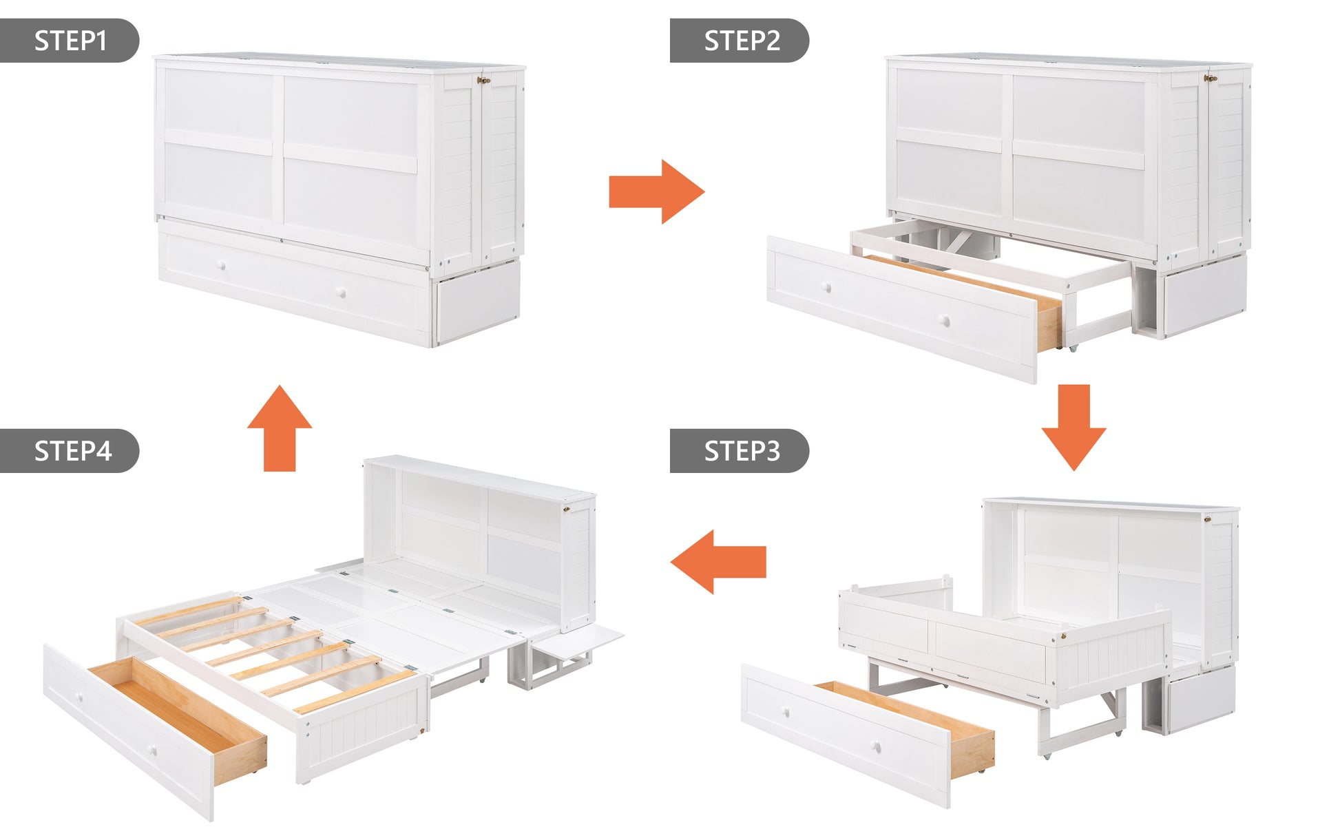 Queen Size Mobile Murphy Bed With Drawer And Little Shelves On Each Side,White Box Spring Not Required Queen White Wood Pine Pine