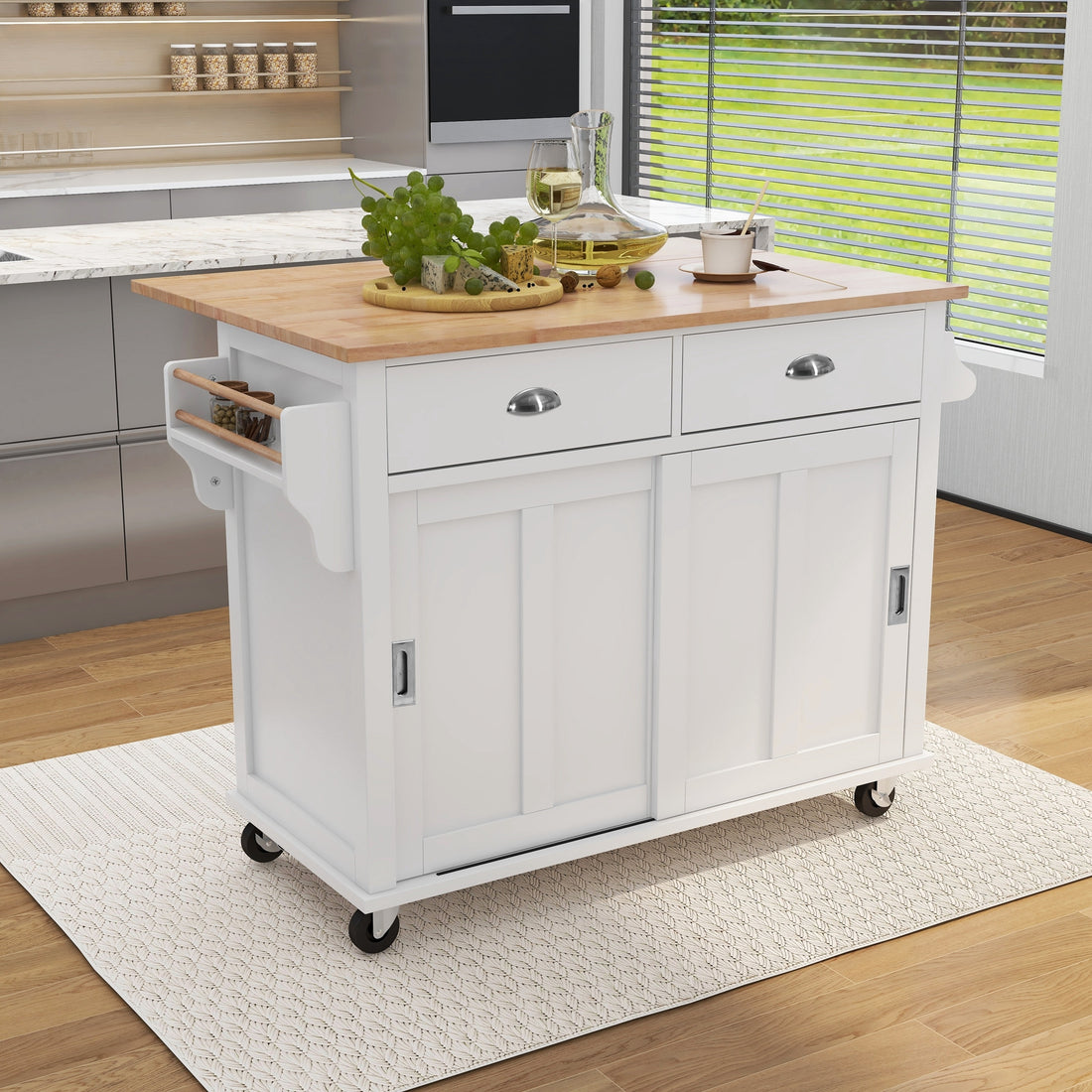 Kitchen Cart With Rubber Wood Drop Leaf Countertop, Concealed Sliding Barn Door Adjustable Height,Kitchen Island On 4 Wheels With Storage Cabinet And 2 Drawers,L52.2Xw30.5Xh36.6 Inch, White White Mdf