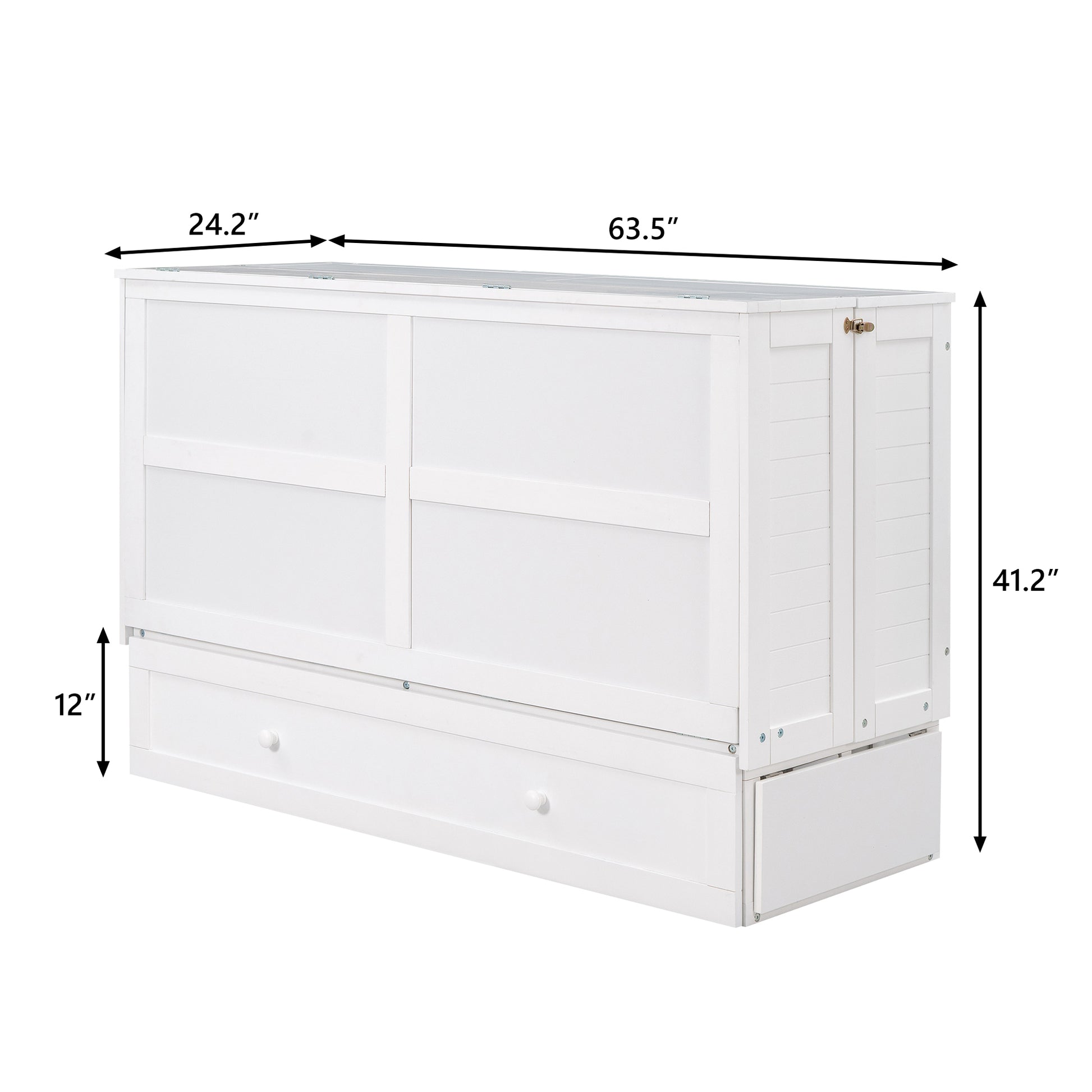 Queen Size Mobile Murphy Bed With Drawer And Little Shelves On Each Side,White Box Spring Not Required Queen White Wood Pine Pine