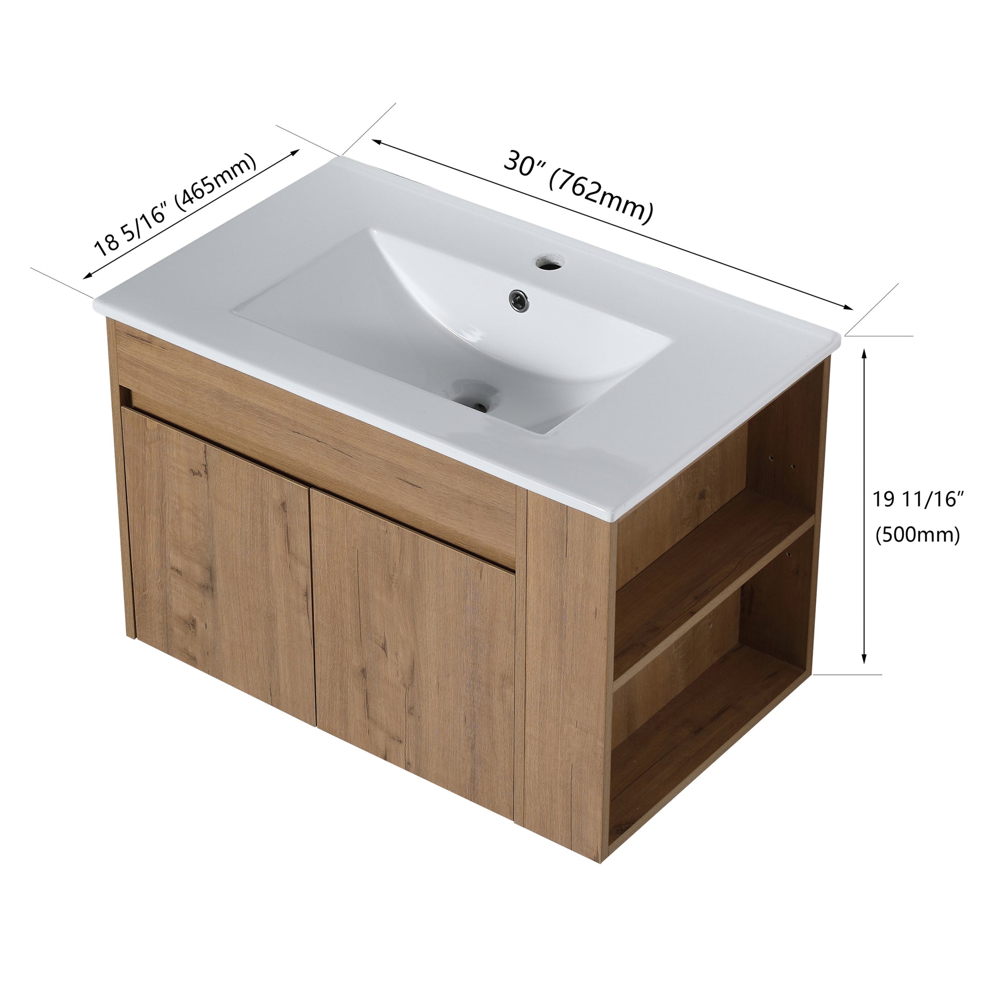 30 Inch Bathroom Vanity With White Ceramic Basin And Adjust Open Shelf Kd Packing Imitative Oak Plywood