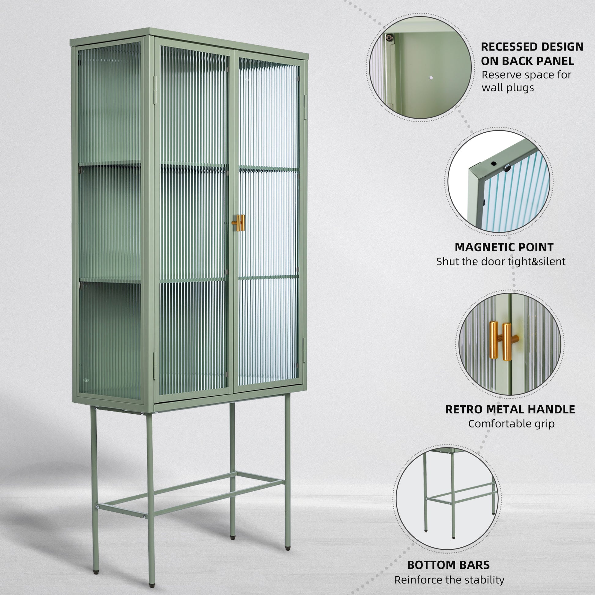 Mint Green Tall Freestanding Display Cupboard Stylish Fluted Glass Storage Cabinet With Glass Doors Three Detachable Shelves Bottom Space For Office Dining Room Living Room Bedside Entryway Mint