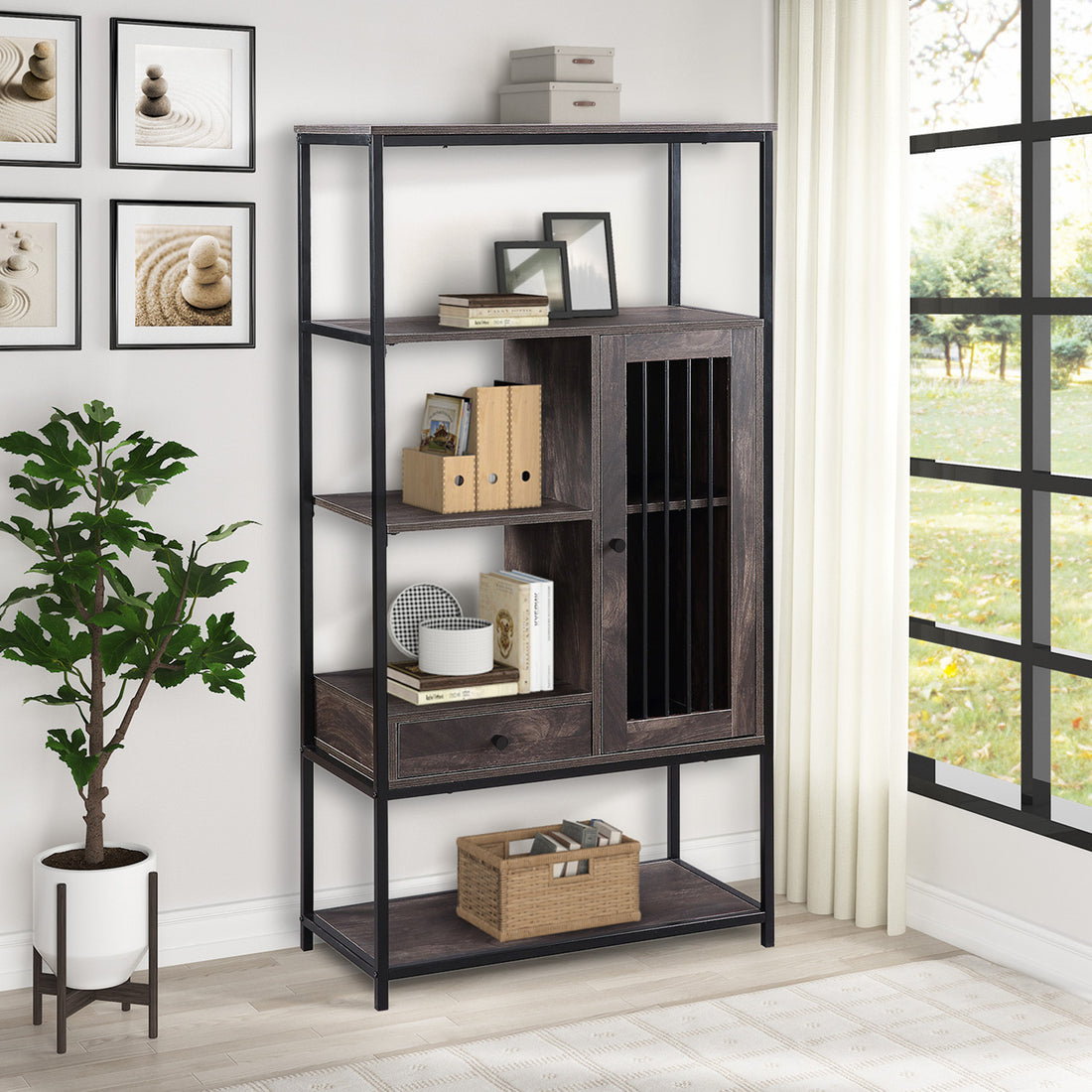 Home Office Bookcase And Bookshelf 5 Tier Display Shelf With Doors And Drawers, Freestanding Multi Functional Decorative Storage Shelving, Vintage Brown Industrial Style Brown Brown Mdf