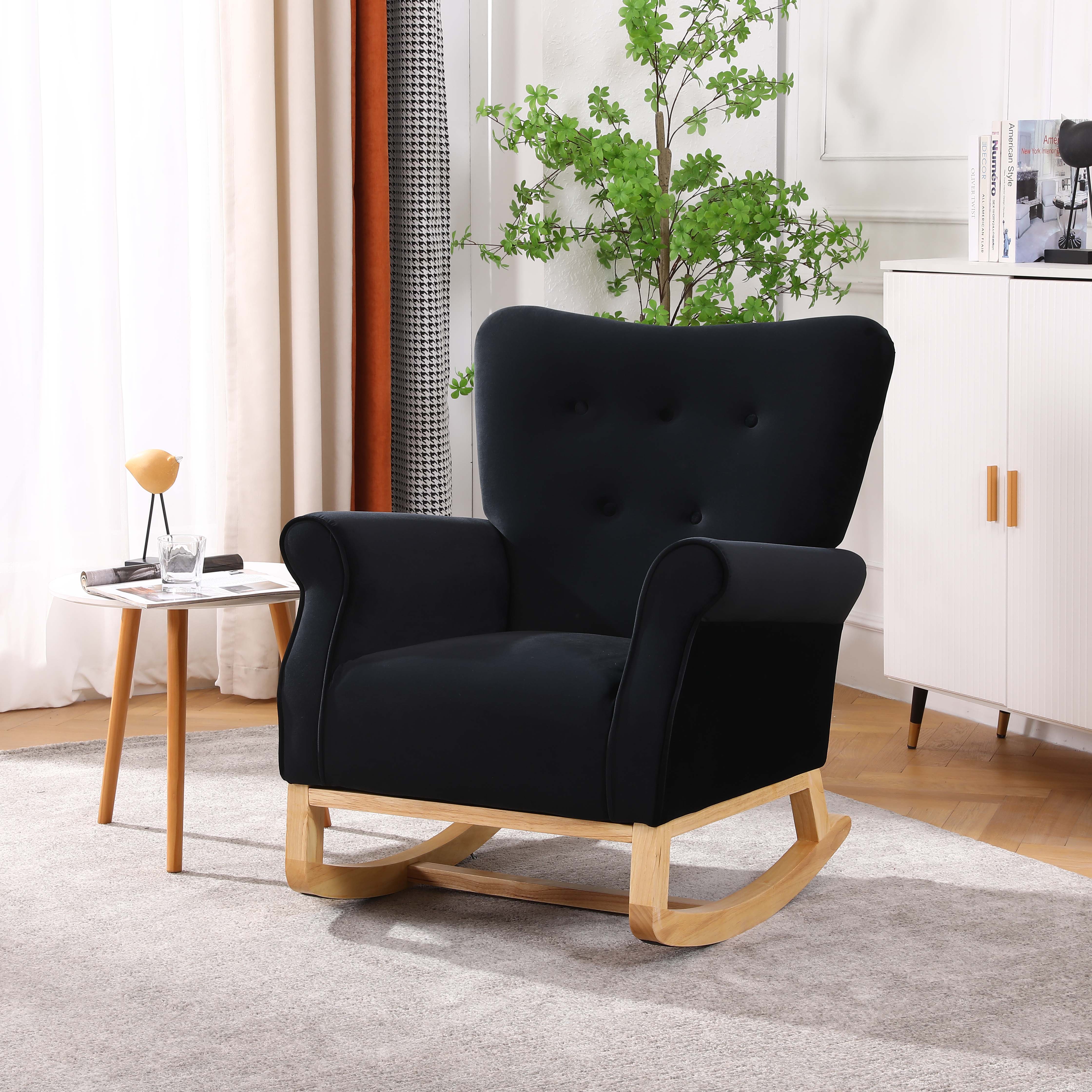 Mid Century Fabric Rocker Chair With Wood Legs And Velvet For Livingro