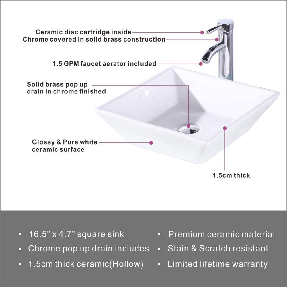 16.5" Square Bathroom Vessel Sink White Porcelain Counter Bowl For Bathroom Vanity White Ceramic