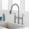 Double Handle Bridge Kitchen Faucet With Pull Down Spray Head Brushed Nickel Stainless Steel