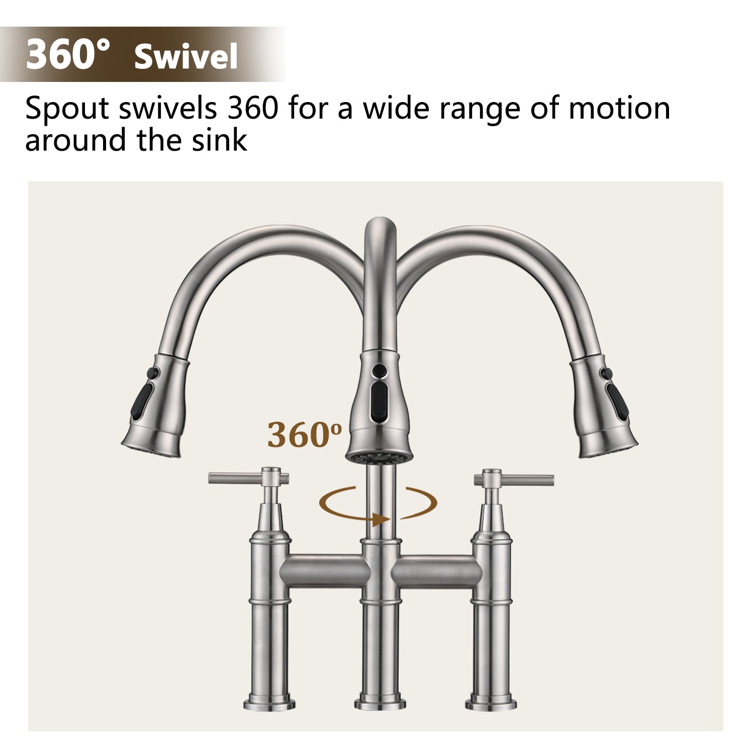 Double Handle Bridge Kitchen Faucet With Pull Down Spray Head Brushed Nickel Stainless Steel