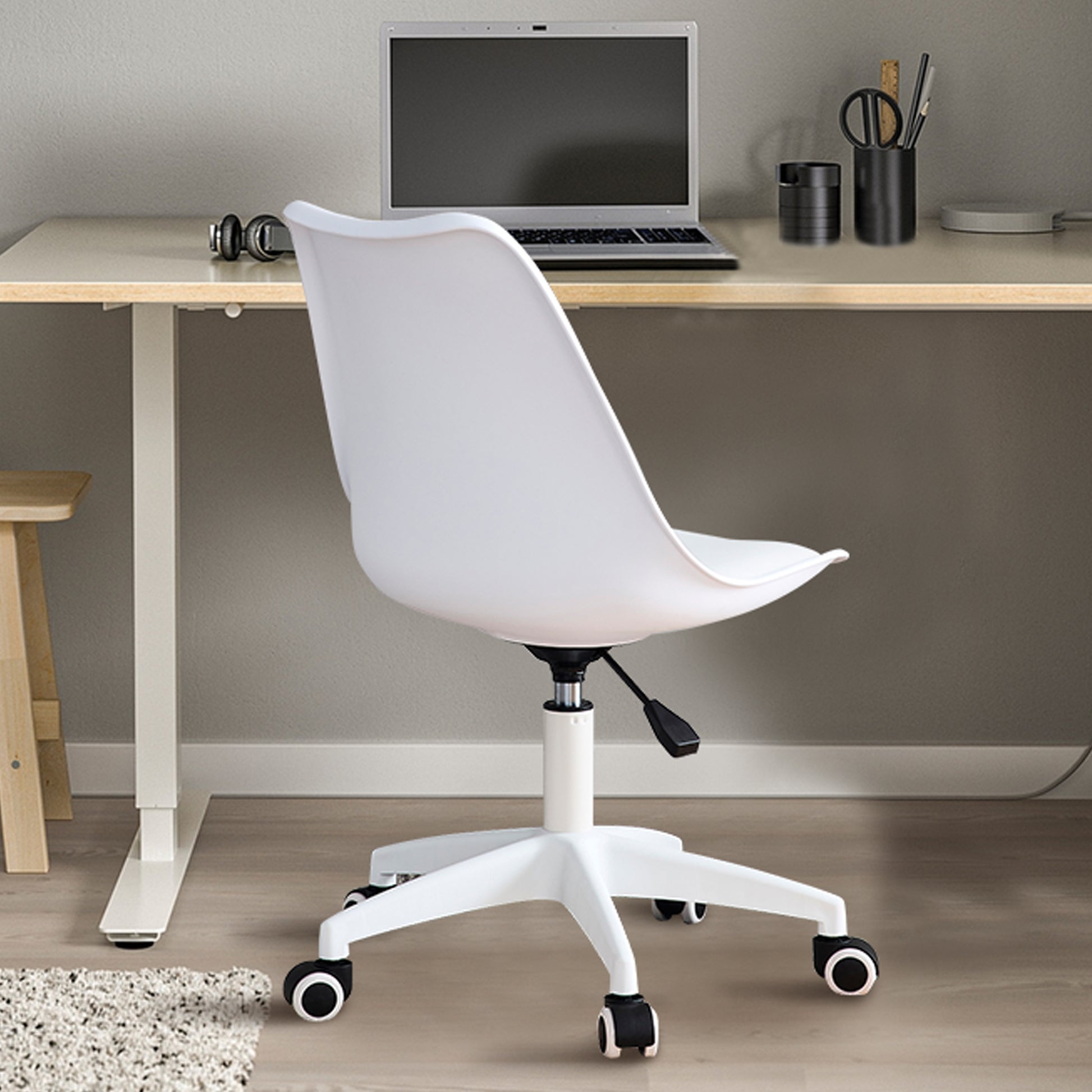 Modern Home Office Desk Chairs, Adjustable 360 Swivel Chair Engineering Plastic Armless Swivel Computer Chair With Wheels For Living Room, Bed Room Office Hotel Dining Room And White. White Plastic