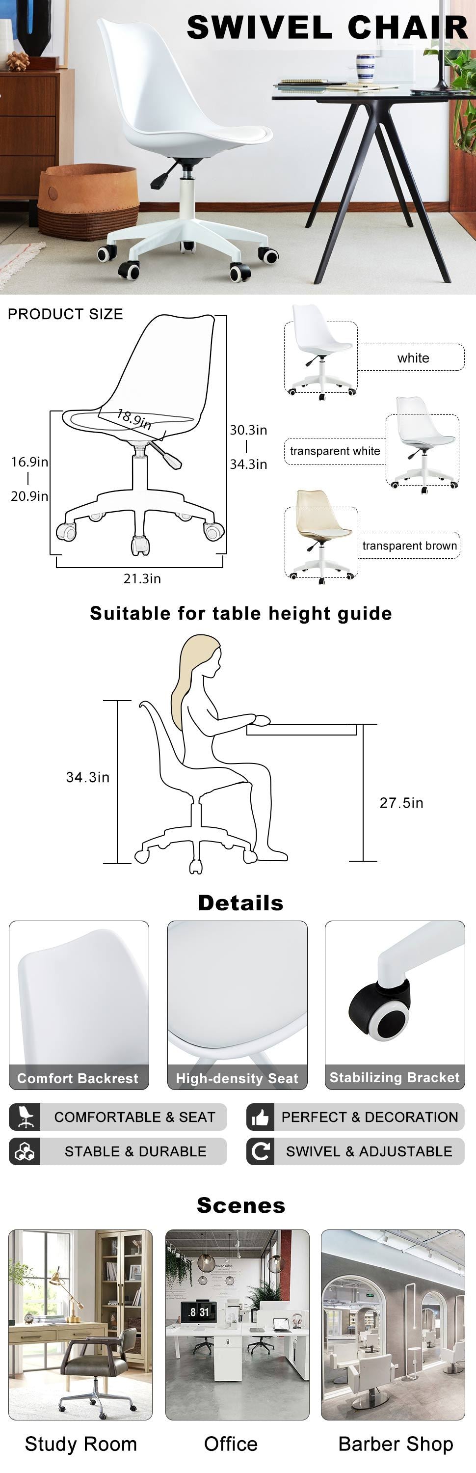 Modern Home Office Desk Chairs, Adjustable 360 Swivel Chair Engineering Plastic Armless Swivel Computer Chair With Wheels For Living Room, Bed Room Office Hotel Dining Room And White. White Plastic