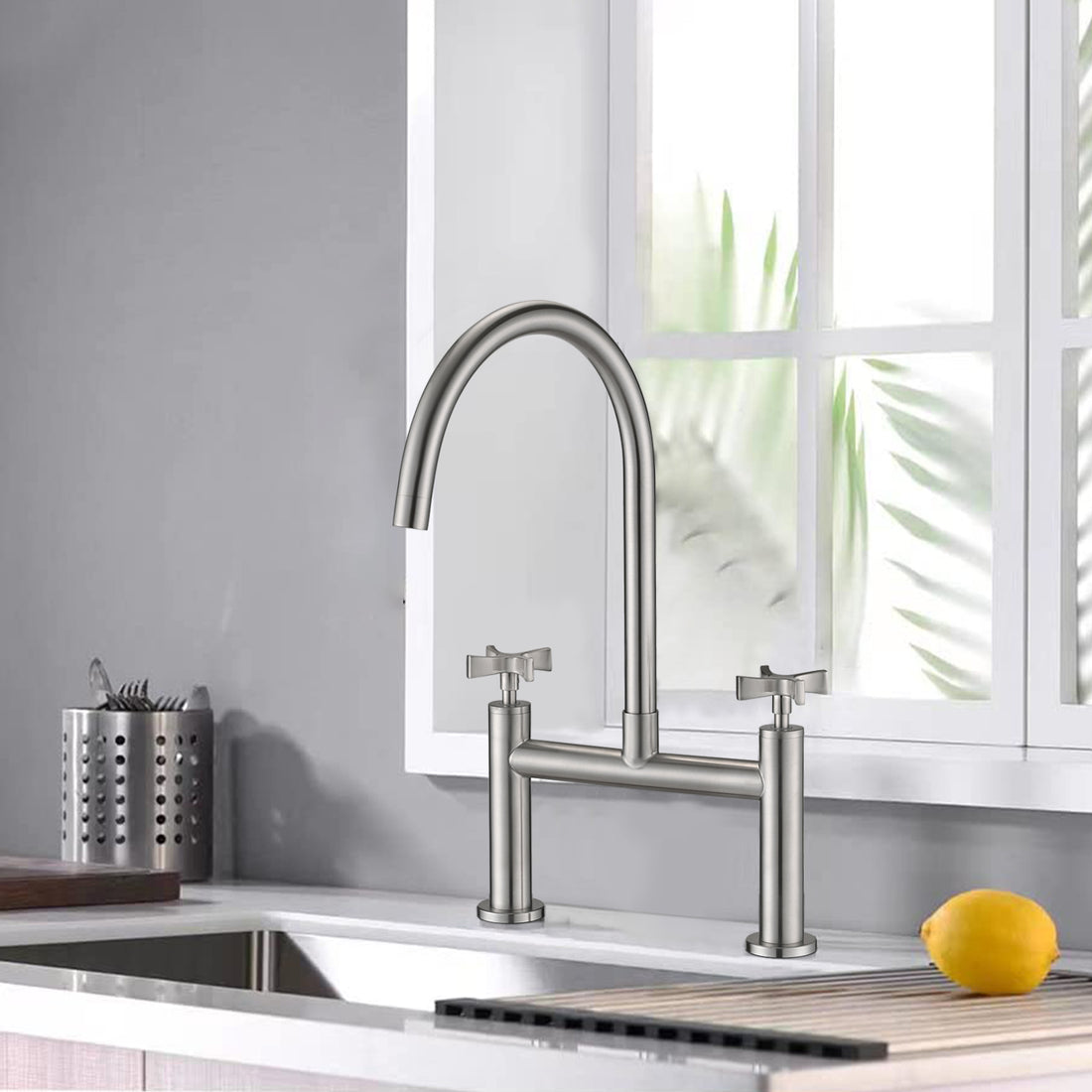 2 Handle Bridge Kitchen Faucet In Stainless Steel Brushed Nickel Stainless Steel