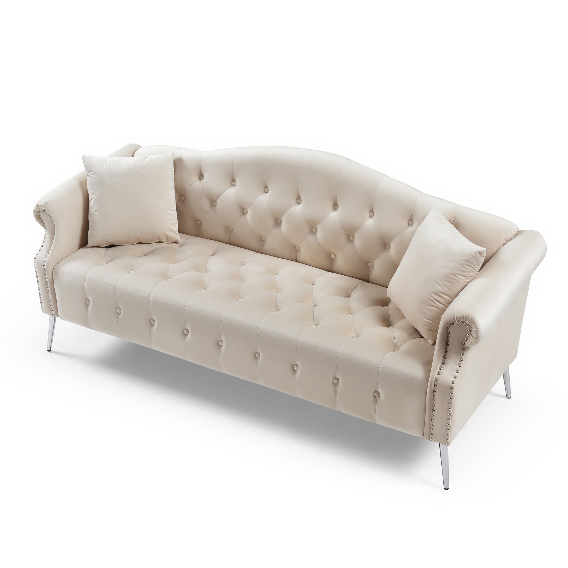 78.7" Width Classic Chesterfield Velvet Sofa Contemporary Upholstered Couch Button Tufted Trimming Curved Backrest Rolled Arms With Silver Metal Legs Living Room Set,2 Pillows Included Beige Velvet