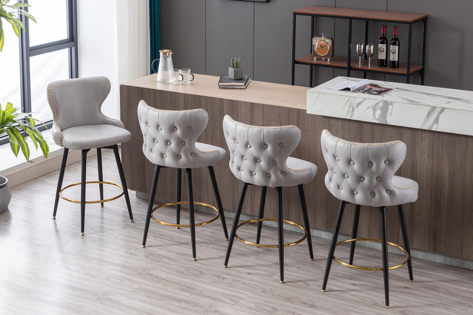 Counter Height 25" Modern Leathaire Fabric Bar Chairs,180 Swivel Bar Stool Chair For Kitchen,Tufted Gold Trim Bar Stools With Metal Legs,Set Of 2 Light Gray Light Gray Foam Fabric