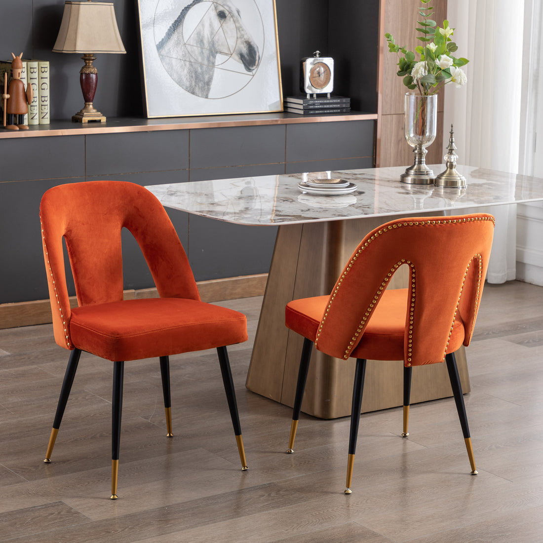 Akoya Collection Modern Contemporary Velvet Upholstered Dining Chair With Nailheads And Gold Tipped Black Metal Legs, Orange Set Of 2 Orange Foam Velvet