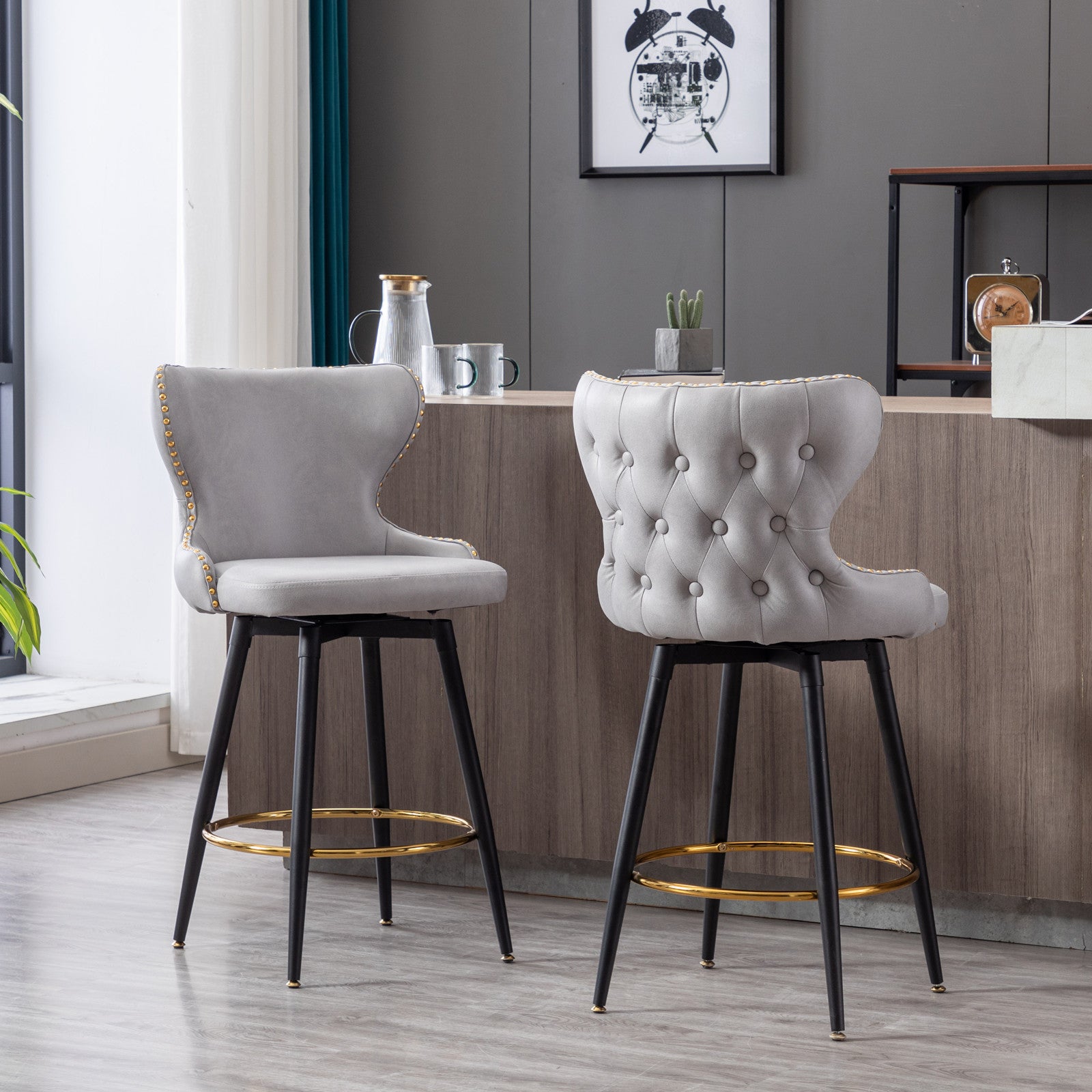 Counter Height 25" Modern Leathaire Fabric Bar Chairs,180 Swivel Bar Stool Chair For Kitchen,Tufted Gold Trim Bar Stools With Metal Legs,Set Of 2 Light Gray Light Gray Foam Fabric