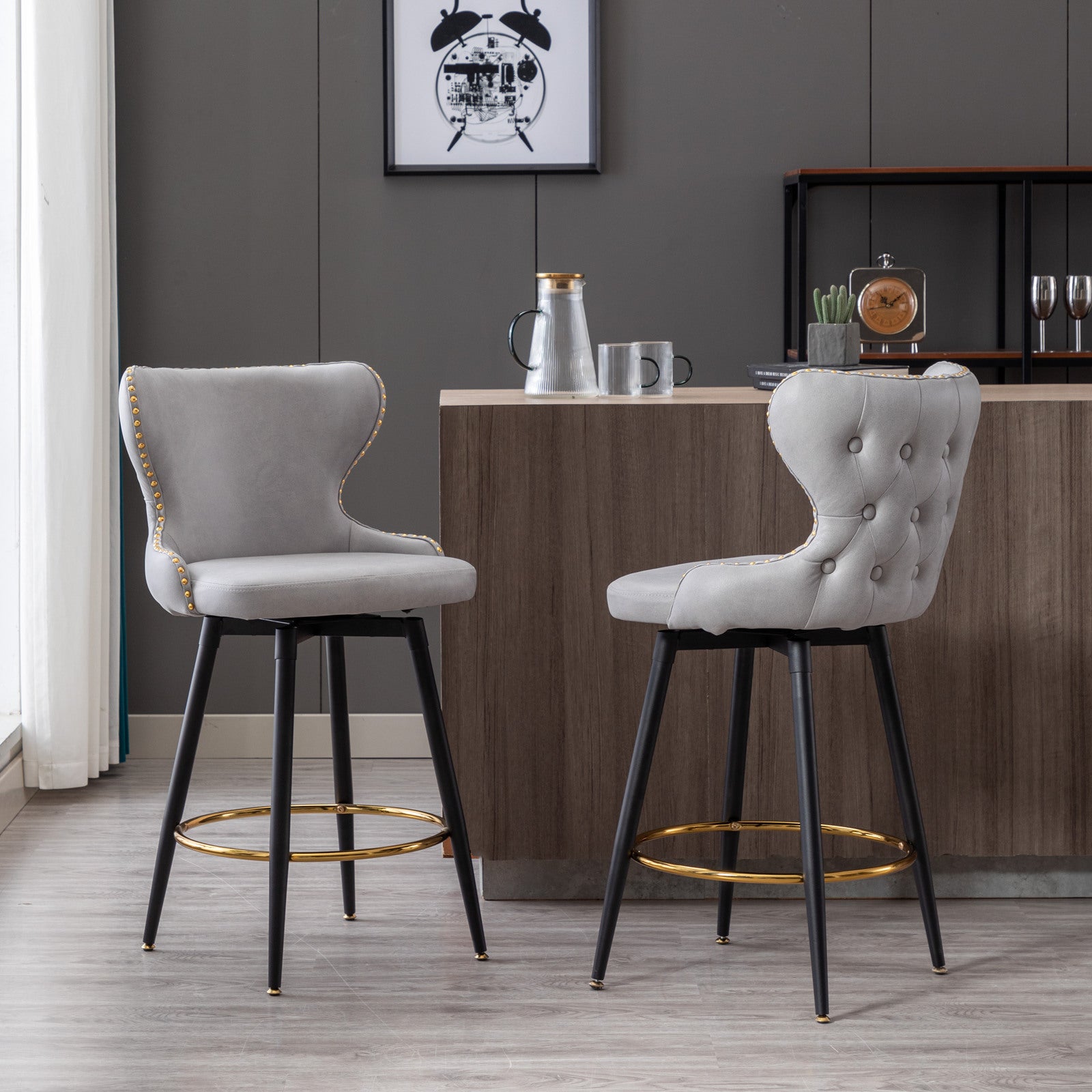 Counter Height 25" Modern Leathaire Fabric Bar Chairs,180 Swivel Bar Stool Chair For Kitchen,Tufted Gold Trim Bar Stools With Metal Legs,Set Of 2 Light Gray Light Gray Foam Fabric