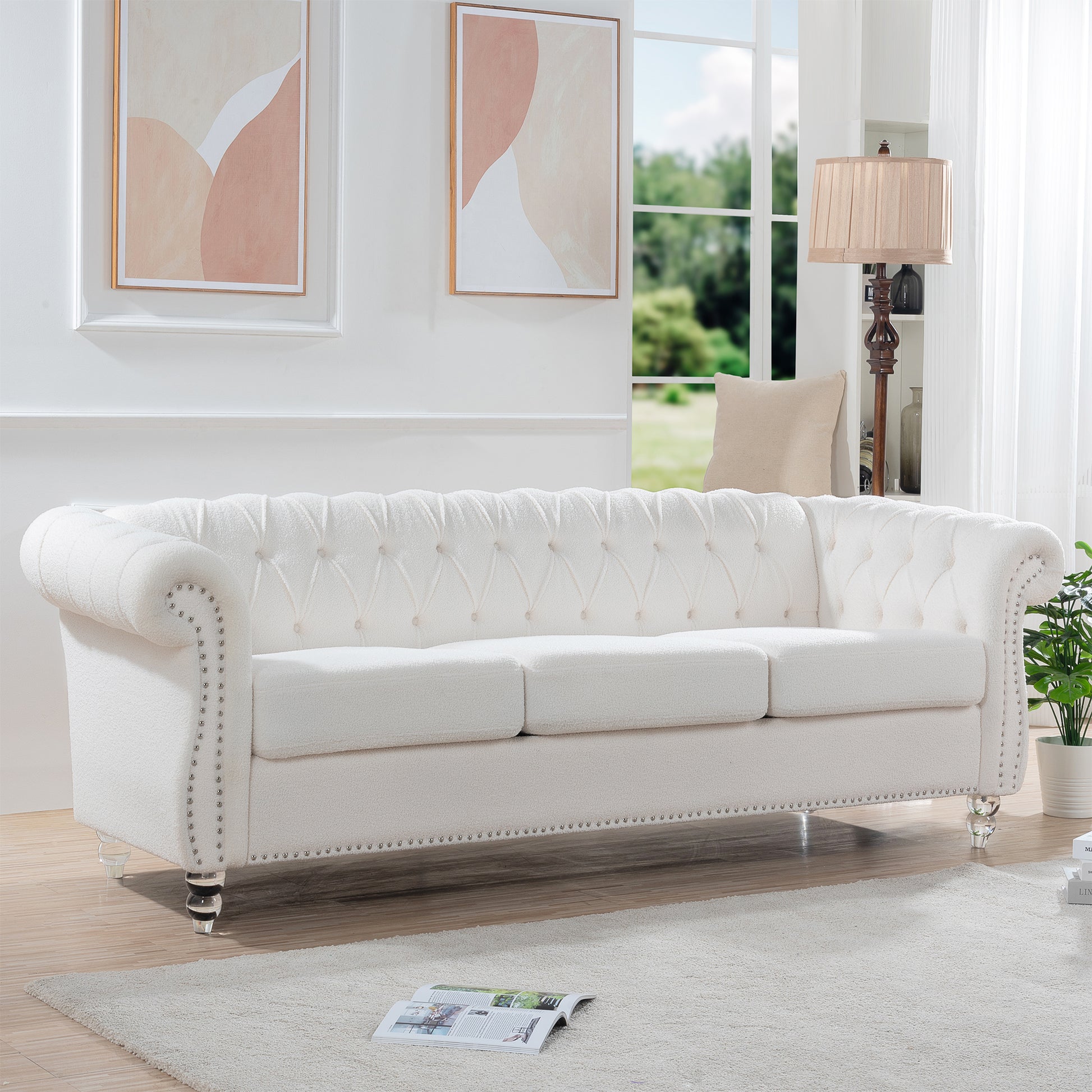 84.65" Rolled Arm Chesterfield 3 Seater Sofa White Polyester 3 Seat