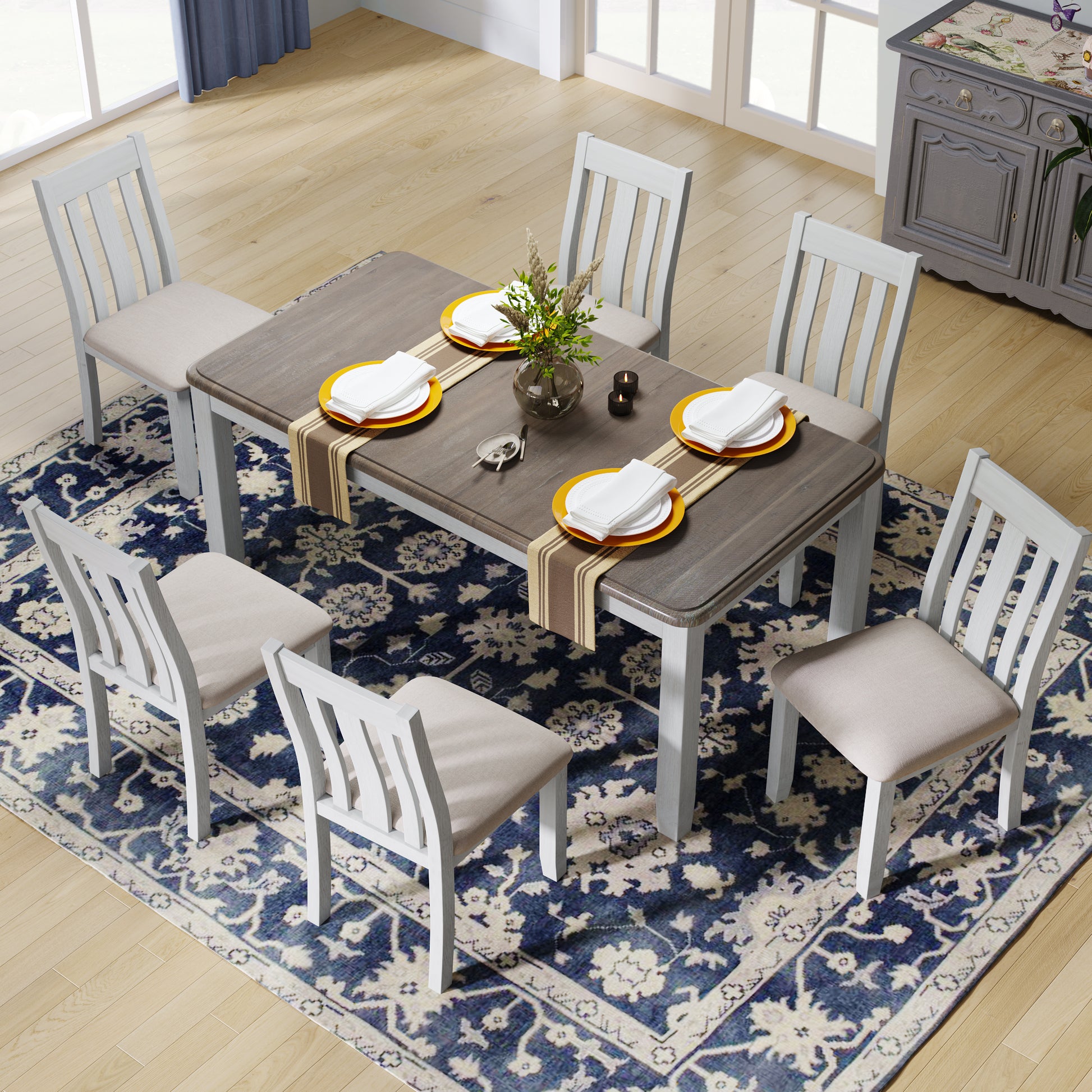 Retro Style 7 Piece Dining Table Set With Extendable Table And 6 Upholstered Chairs Brown White Brown White Solid Wood