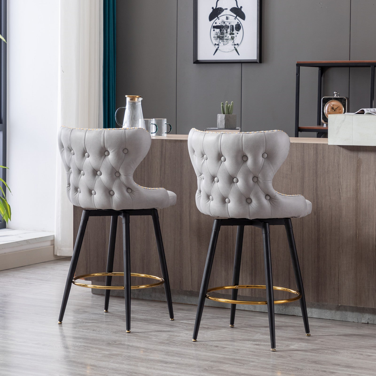 Counter Height 25" Modern Leathaire Fabric Bar Chairs,180 Swivel Bar Stool Chair For Kitchen,Tufted Gold Trim Bar Stools With Metal Legs,Set Of 2 Light Gray Light Gray Foam Fabric