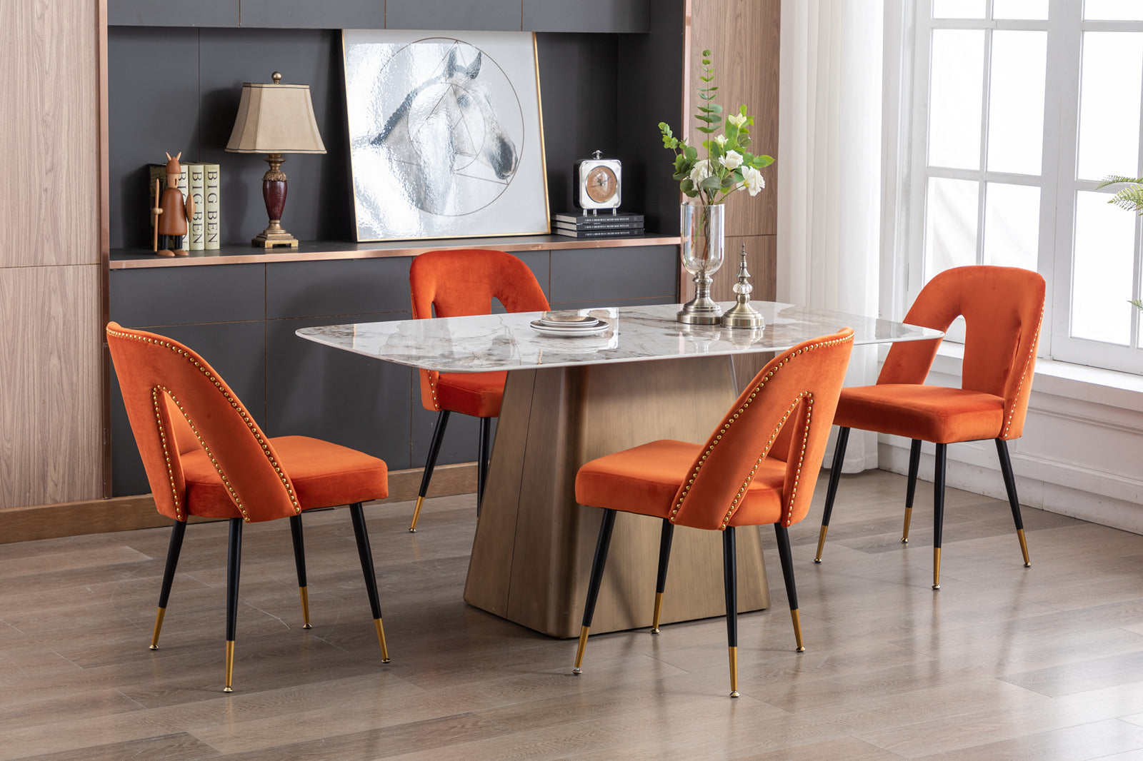 Akoya Collection Modern Contemporary Velvet Upholstered Dining Chair With Nailheads And Gold Tipped Black Metal Legs, Orange Set Of 2 Orange Foam Velvet