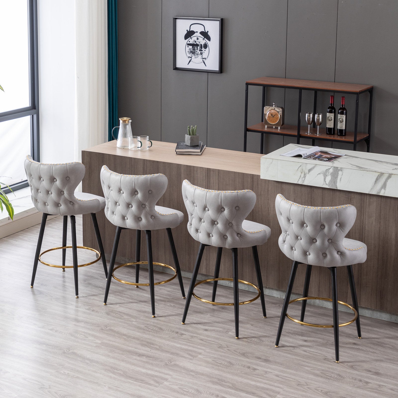 Counter Height 25" Modern Leathaire Fabric Bar Chairs,180 Swivel Bar Stool Chair For Kitchen,Tufted Gold Trim Bar Stools With Metal Legs,Set Of 2 Light Gray Light Gray Foam Fabric