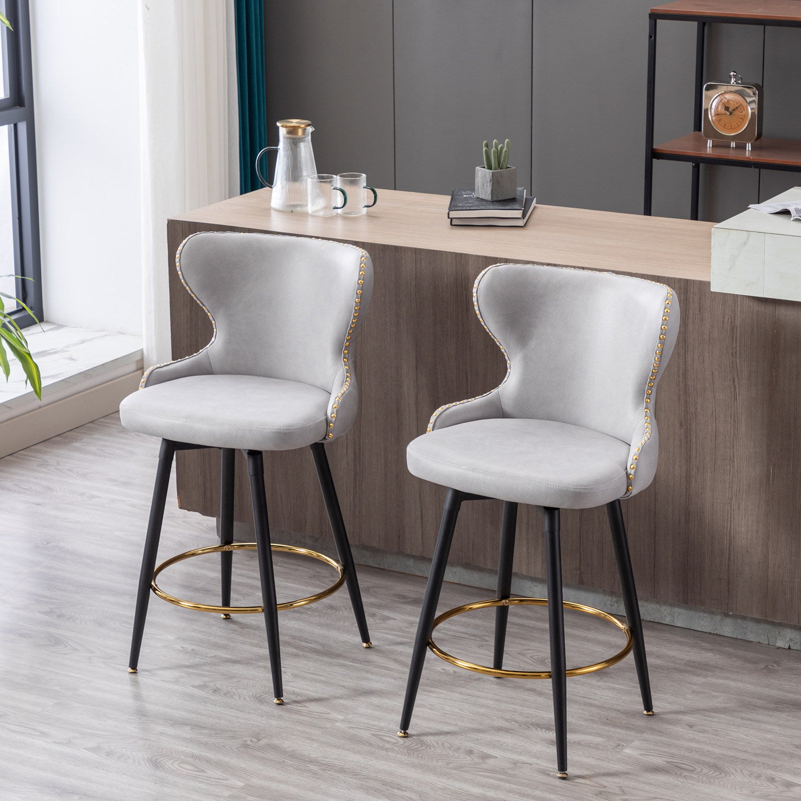 Counter Height 25" Modern Leathaire Fabric Bar Chairs,180 Swivel Bar Stool Chair For Kitchen,Tufted Gold Trim Bar Stools With Metal Legs,Set Of 2 Light Gray Light Gray Foam Fabric