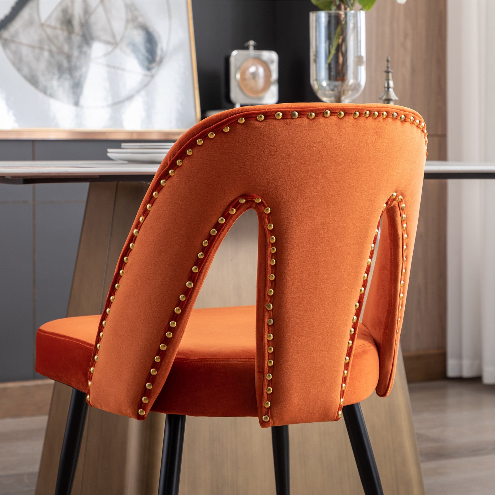 Akoya Collection Modern Contemporary Velvet Upholstered Dining Chair With Nailheads And Gold Tipped Black Metal Legs, Orange Set Of 2 Orange Foam Velvet