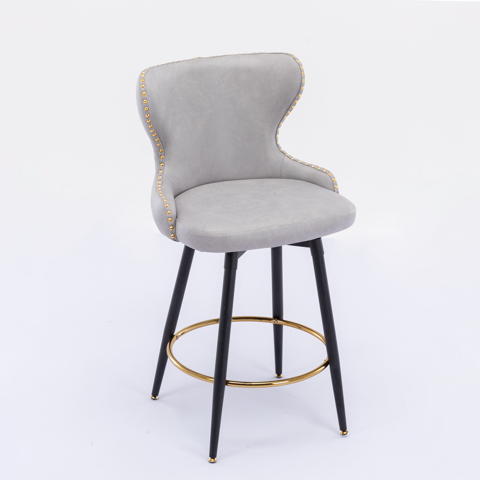 Counter Height 25" Modern Leathaire Fabric Bar Chairs,180 Swivel Bar Stool Chair For Kitchen,Tufted Gold Trim Bar Stools With Metal Legs,Set Of 2 Light Gray Light Gray Foam Fabric