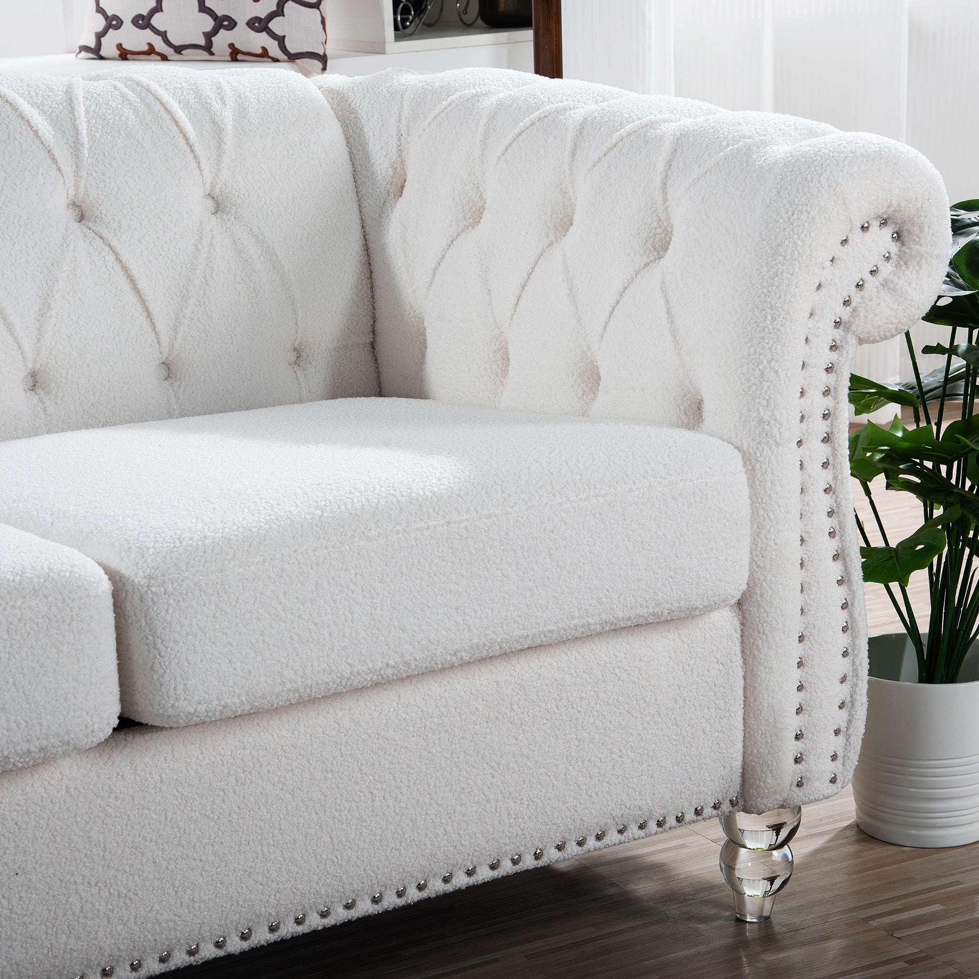 84.65" Rolled Arm Chesterfield 3 Seater Sofa White Polyester 3 Seat