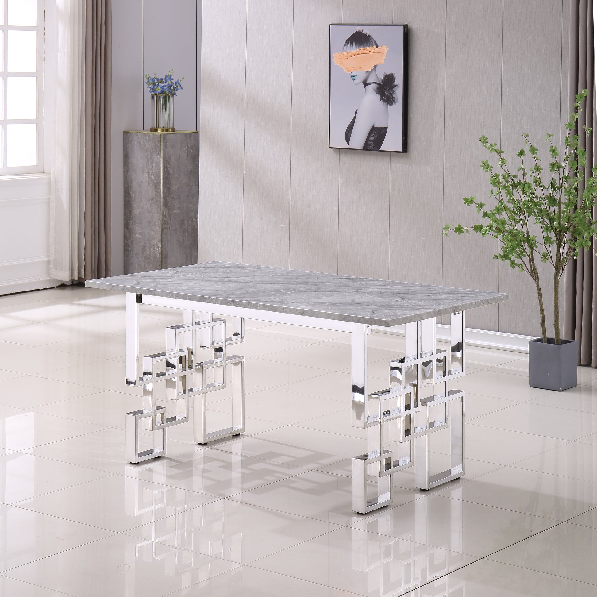 Contemporary Rectangular Marble Table, 0.71" Marble Top, Silver Mirrored Finish, Luxury Design For Home 63"X35.4"X29.5" Grey Marble