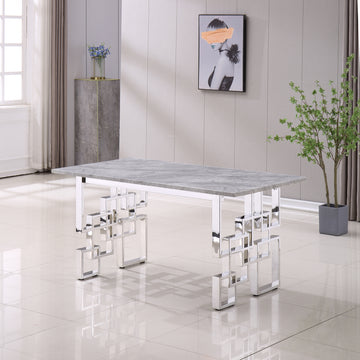 Contemporary Rectangular Marble Table, 0.71" Marble Top, Silver Mirrored Finish, Luxury Design For Home 63"X35.4"X29.5" Grey Marble