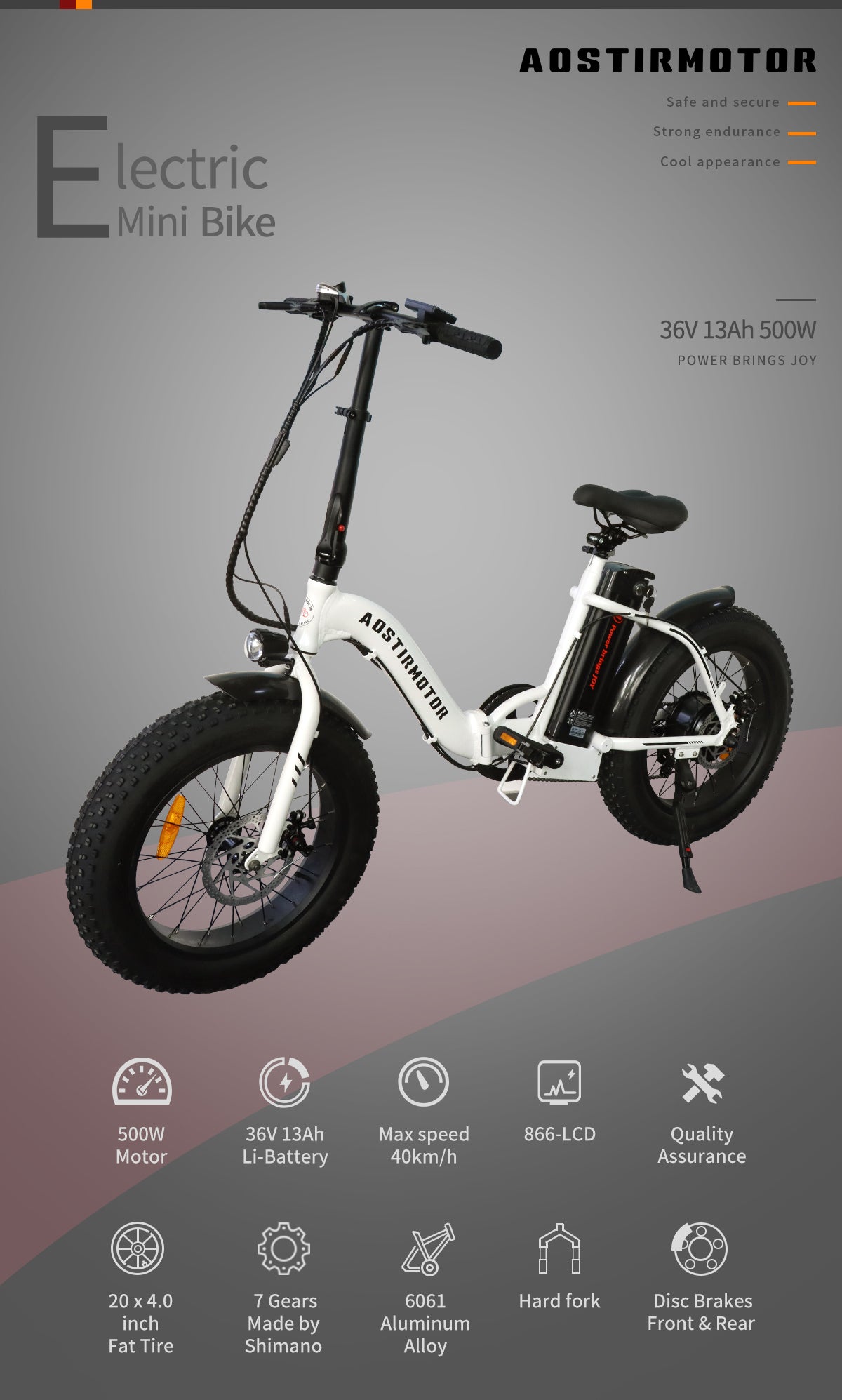 Aostirmotor G20 Folding Electric Bike Ebike Bicycle 500W Motor 20" Fat Tire With 36V 13Ah Li Battery Model White Aluminium