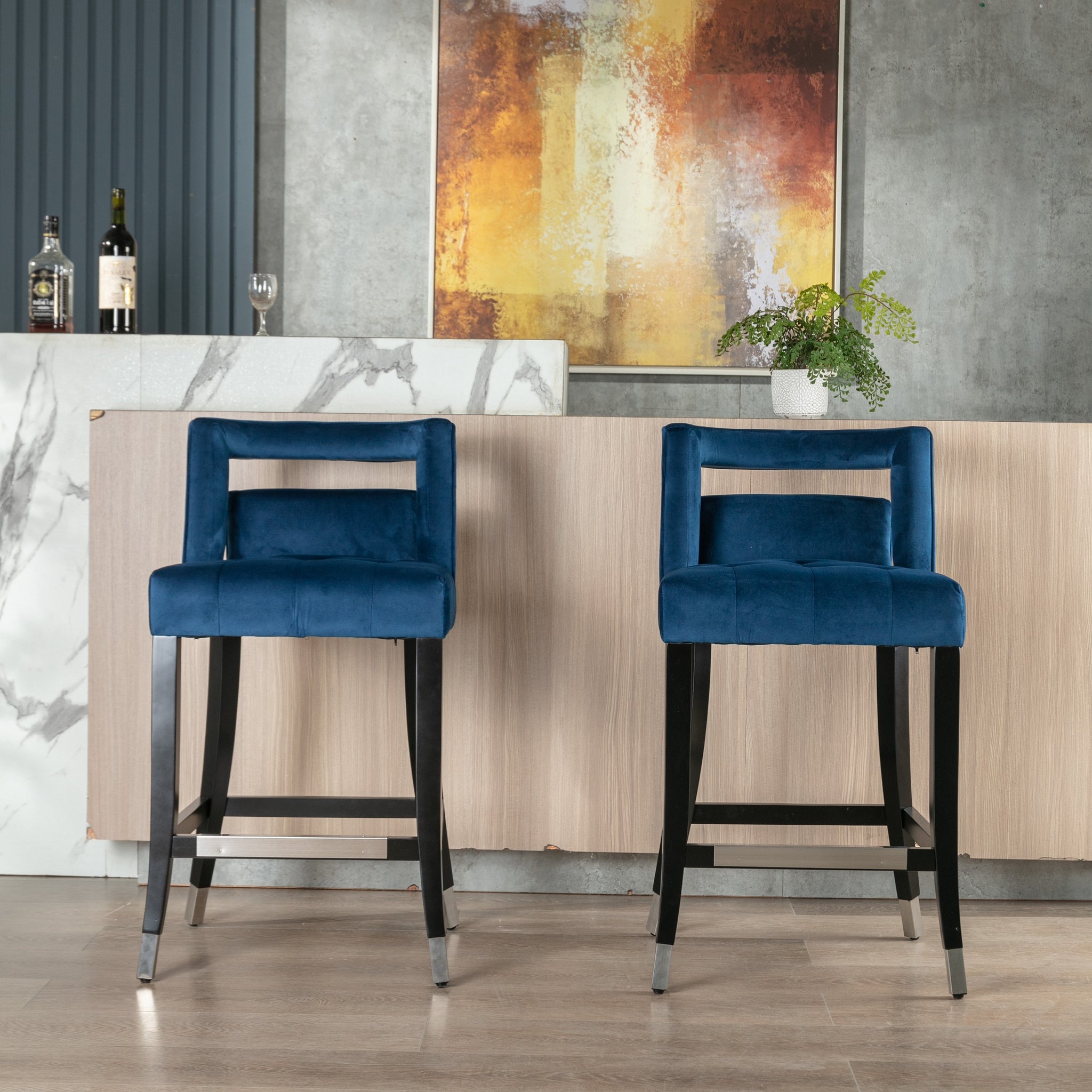 Suede Velvet Barstool With S Living Room Chair 2 Pcs Set 26 Inch Seater Height Navy Blue Foam Fabric