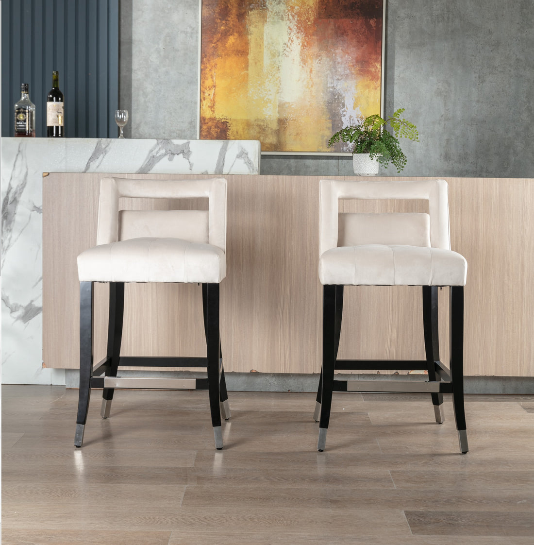 Suede Velvet Barstool With S Dining Room Chair 2 Pcs Set 26 Inch Seater Height Cream Foam Fabric