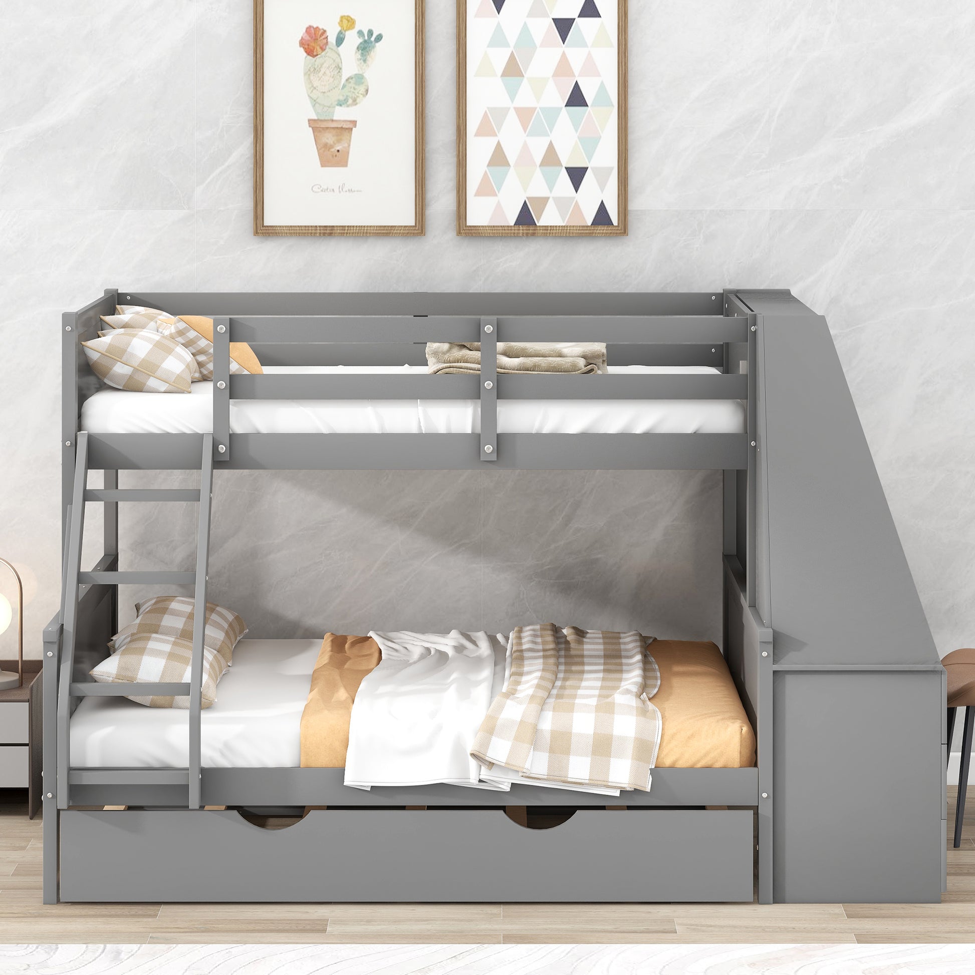 Twin Over Full Bunk Bed With Trundle And Built In Desk, Three Storage Drawers And Shelf,Gray Gray Pine