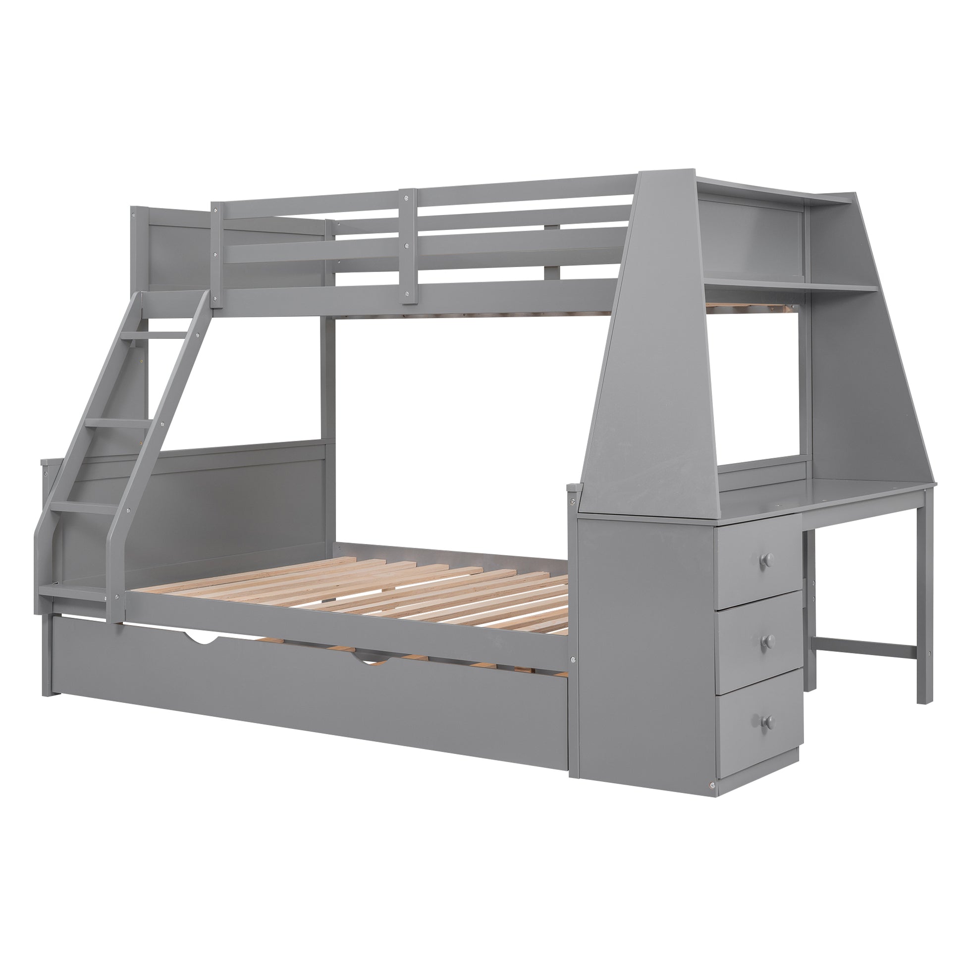 Twin Over Full Bunk Bed With Trundle And Built In Desk, Three Storage Drawers And Shelf,Gray Gray Pine