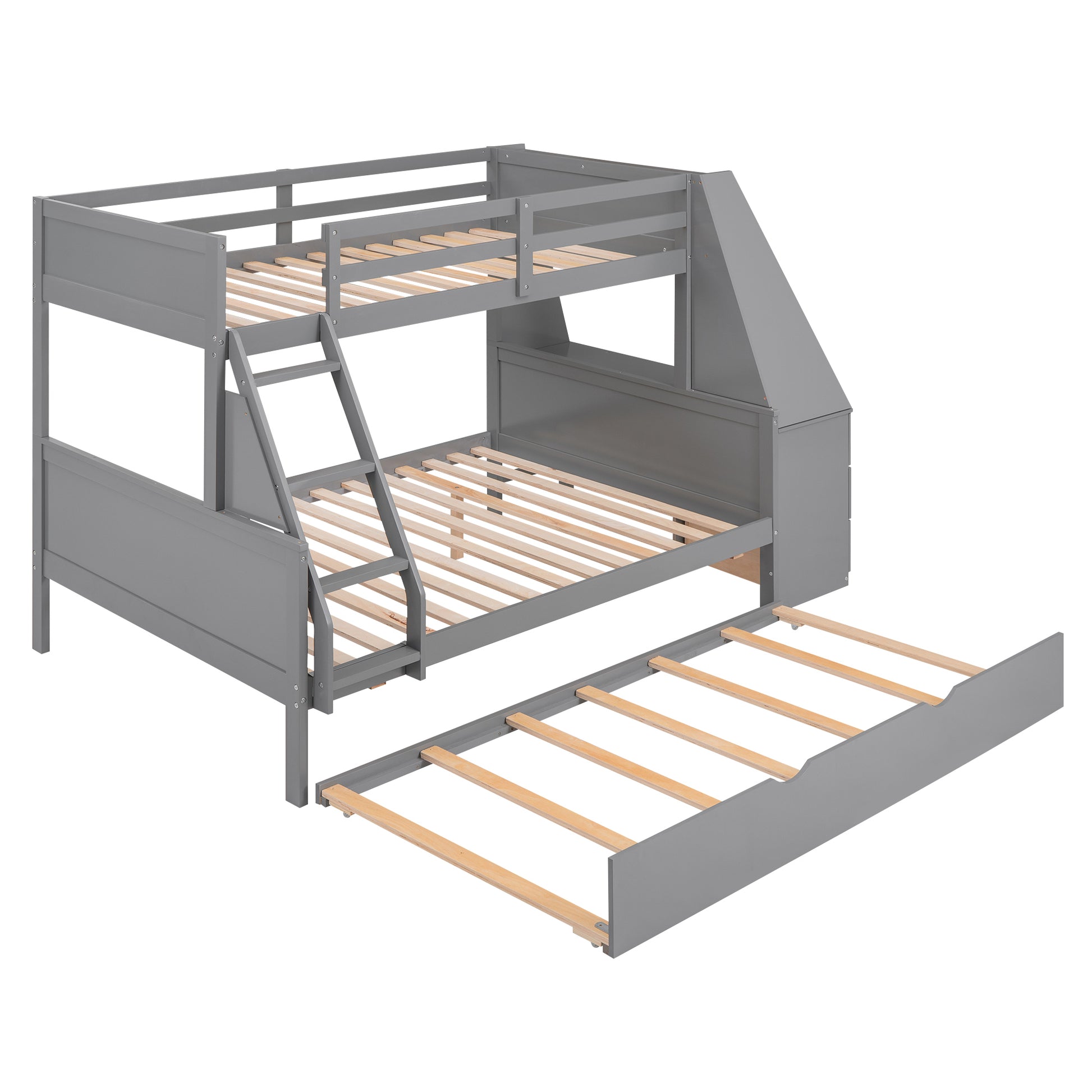 Twin Over Full Bunk Bed With Trundle And Built In Desk, Three Storage Drawers And Shelf,Gray Gray Pine