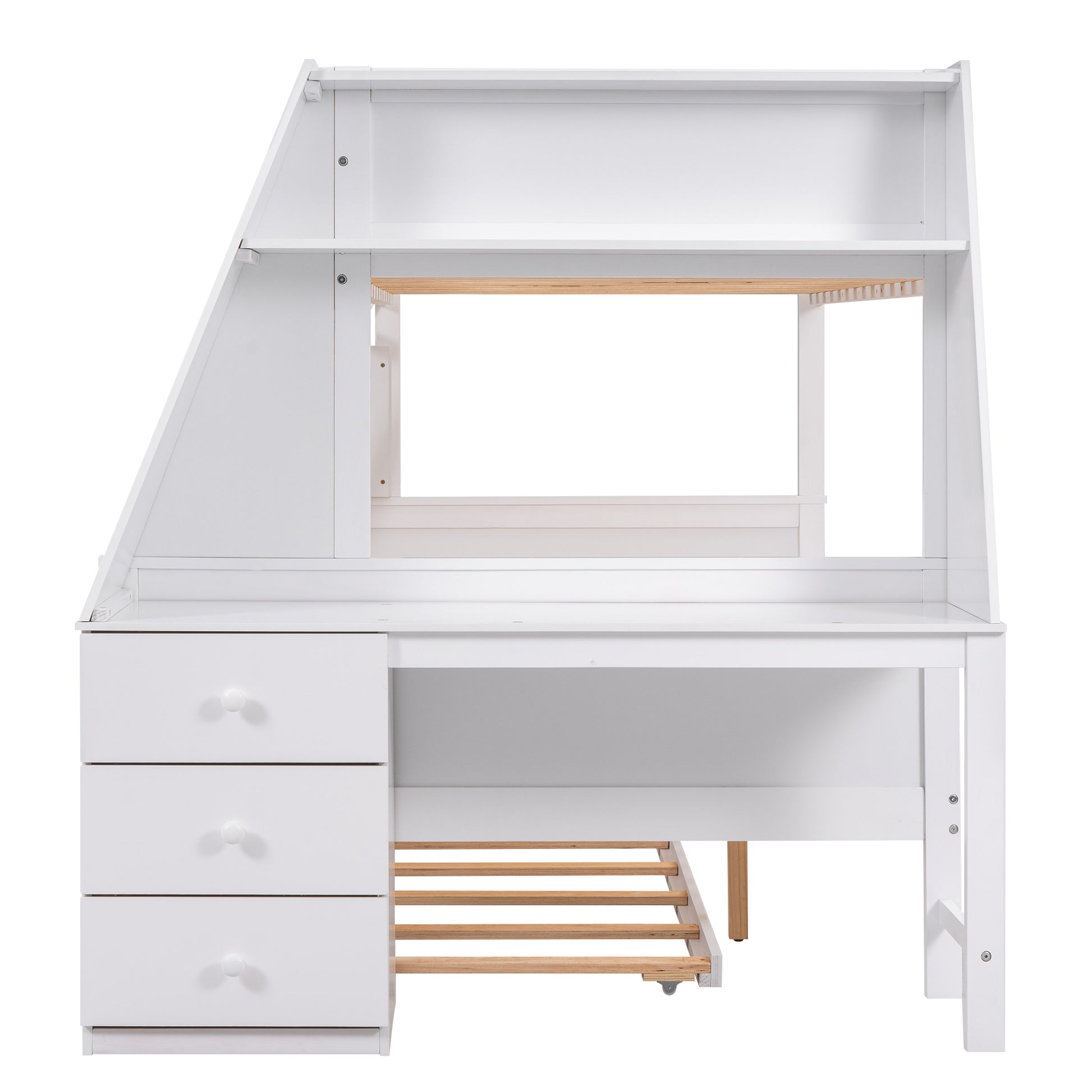 Twin Over Full Bunk Bed With Trundle And Built In Desk, Three Storage Drawers And Shelf,White White Pine