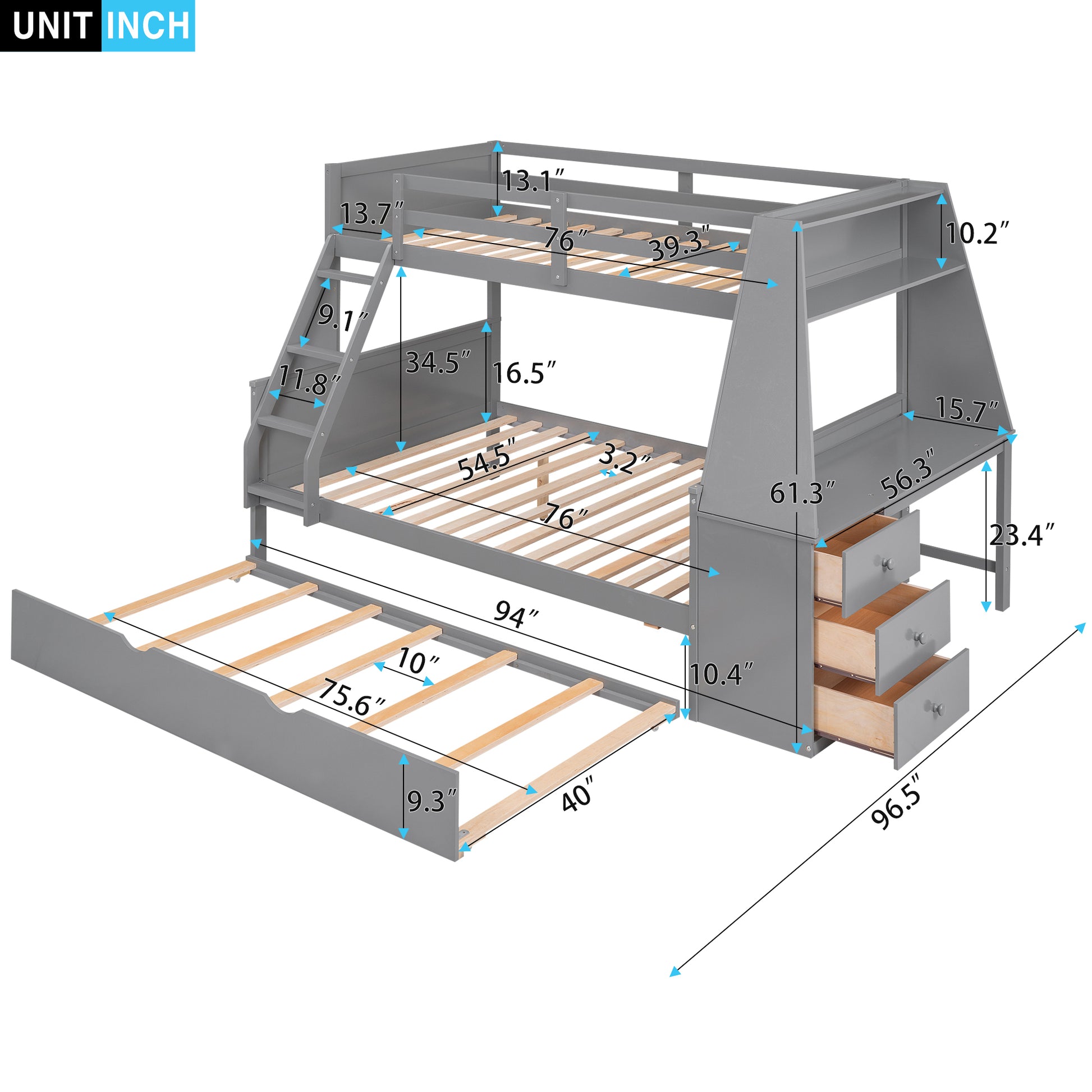 Twin Over Full Bunk Bed With Trundle And Built In Desk, Three Storage Drawers And Shelf,Gray Gray Pine