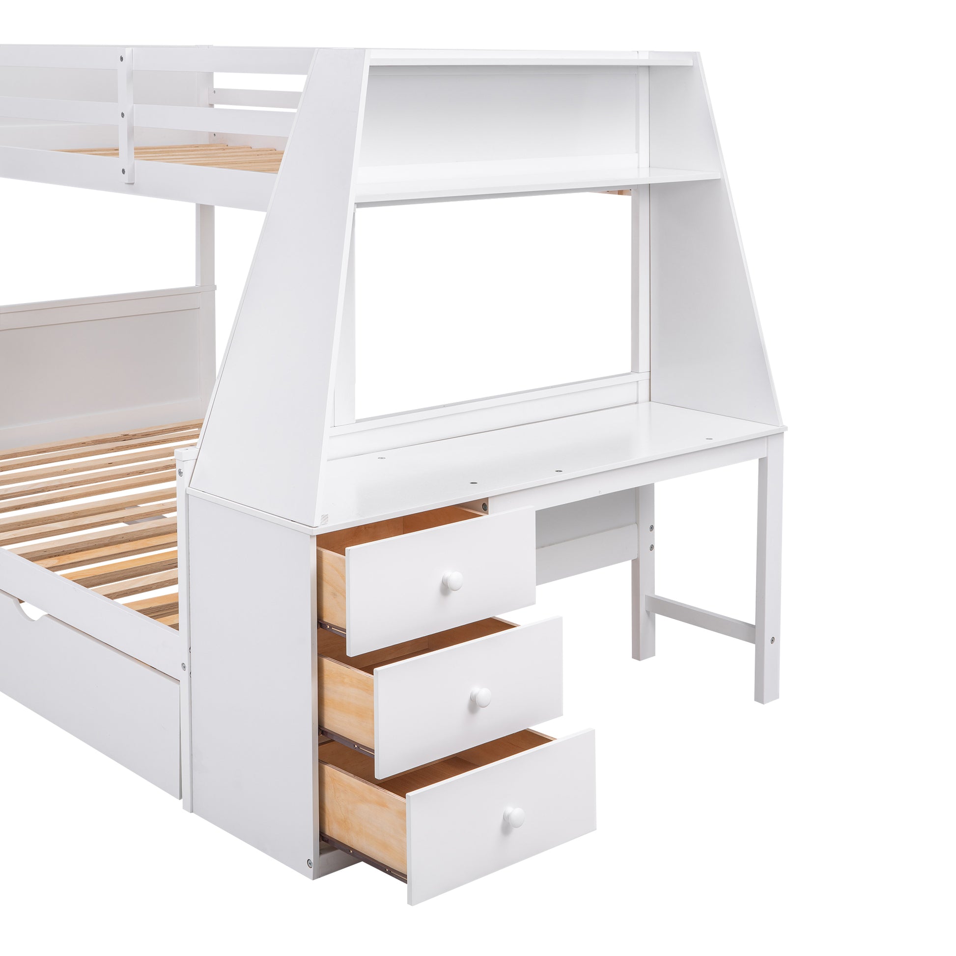 Twin Over Full Bunk Bed With Trundle And Built In Desk, Three Storage Drawers And Shelf,White White Pine