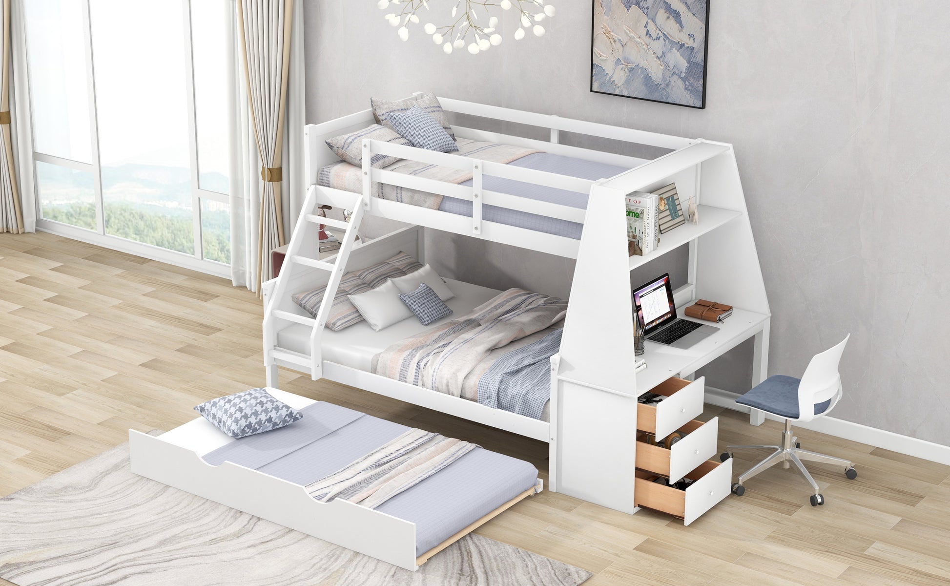 Twin Over Full Bunk Bed With Trundle And Built In Desk, Three Storage Drawers And Shelf,White White Pine