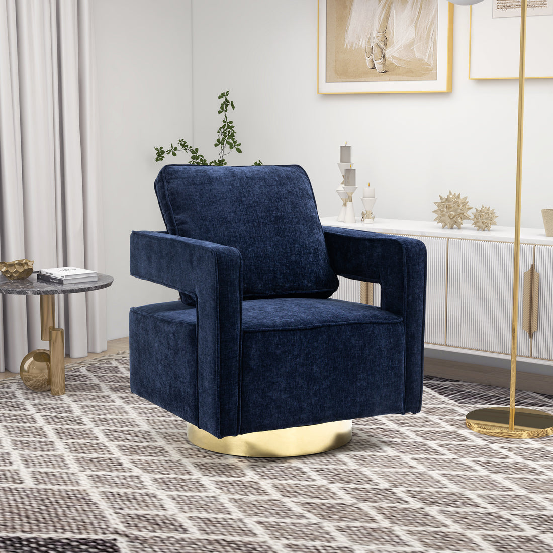 30.7"W Swivel Accent Open Back Chair Modern Comfy Sofa Chair With Gold Stainless Steel Base For Nursery Bedroom Living Room Hotel Office, Club Chair Leisure Arm Chair For Lounge Navy Chenille Navy