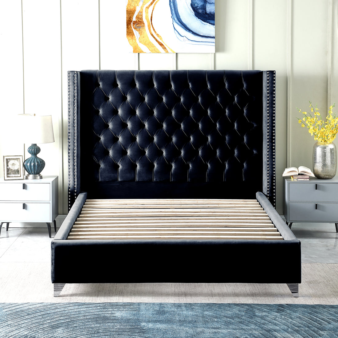 Contemporary Velvet Upholstered Bed With Deep Button Tufting, Solid Wood Frame, High Density Foam, Silver Metal Leg, Queen Size Black Velvet