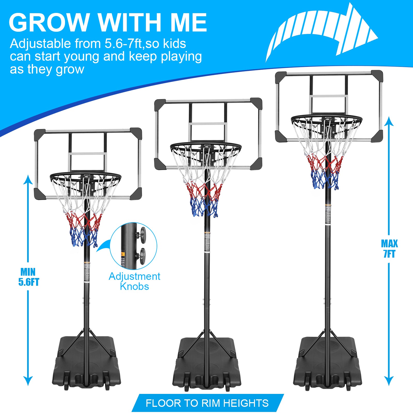 Portable Basketball Goal System With Stable Base And Wheels, Use For Indoor Outdoor Teenagers Youth Height Adjustable 5.6 To 7Ft Basketball Hoop 28 Inch Backboard Transparent Sporty Iron