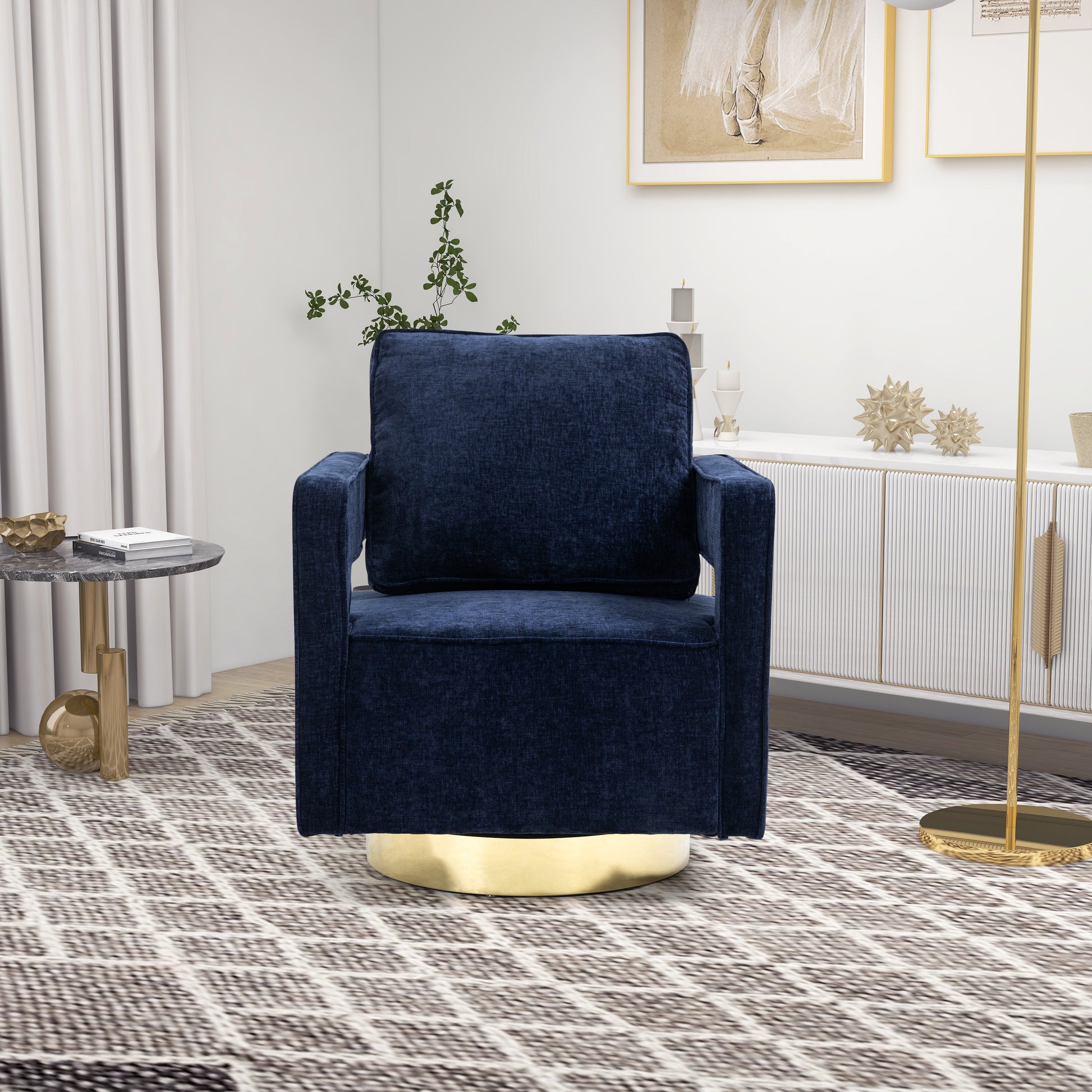 30.7"W Swivel Accent Open Back Chair Modern Comfy Sofa Chair With Gold Stainless Steel Base For Nursery Bedroom Living Room Hotel Office, Club Chair Leisure Arm Chair For Lounge Navy Chenille Navy