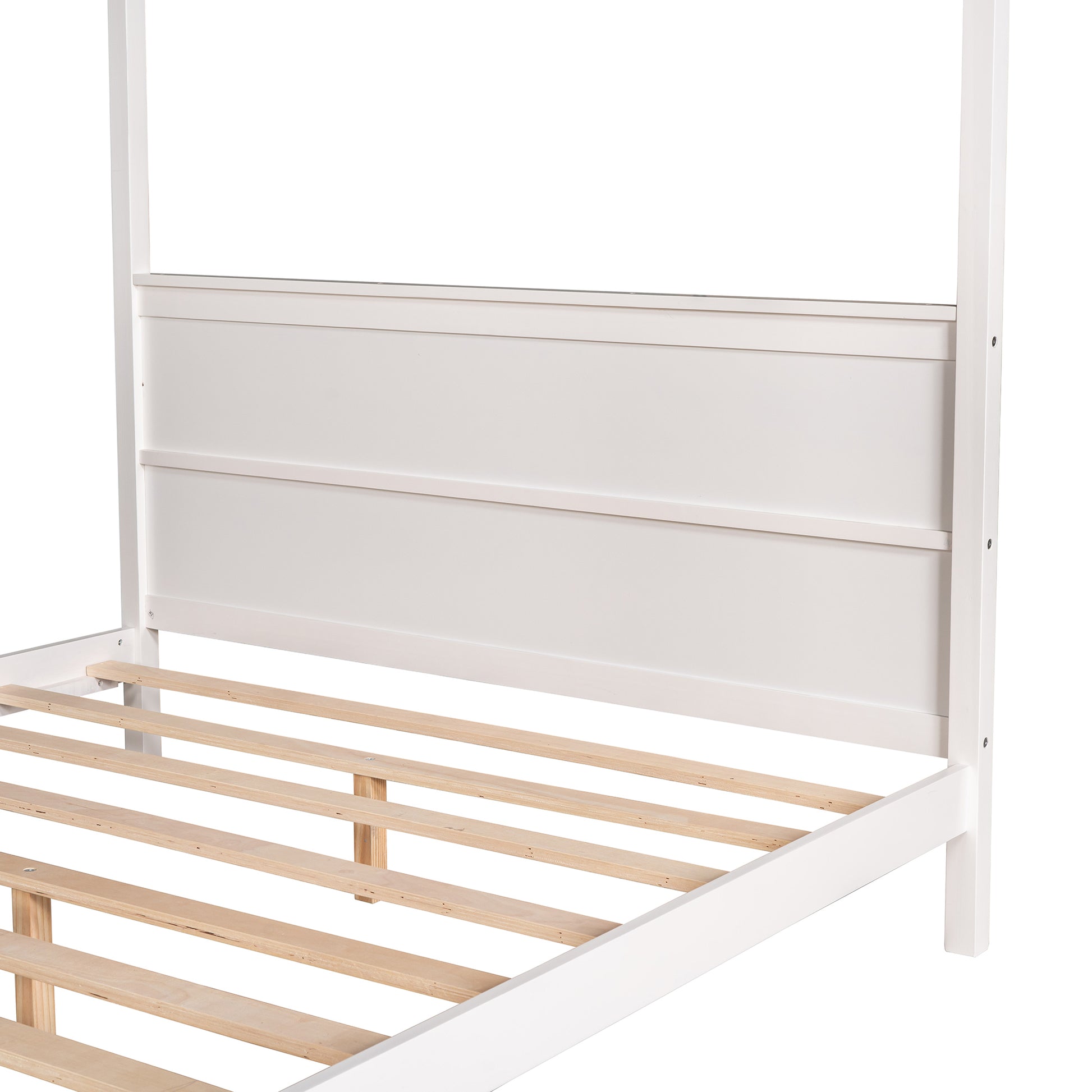 Queen Size Canopy Platform Bed With Headboard And Support Legs,White White Pine