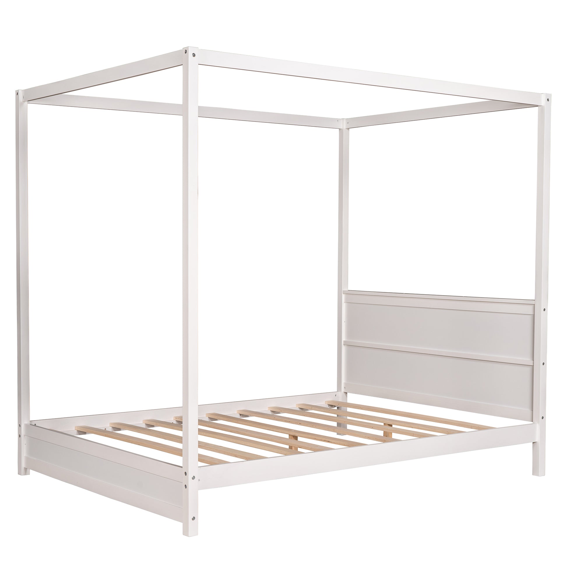 Queen Size Canopy Platform Bed With Headboard And Support Legs,White White Pine