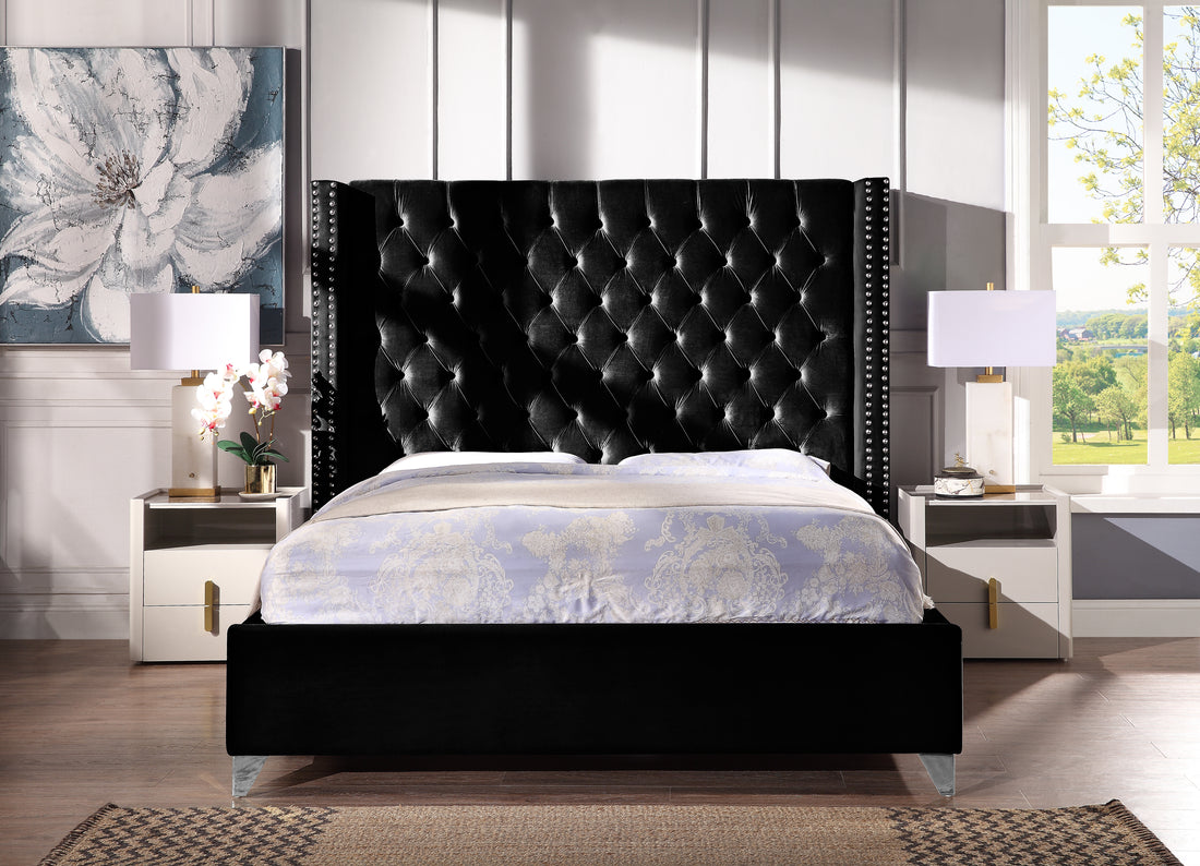 Contemporary Velvet Upholstered Bed With Deep Button Tufting, Solid Wood Frame, High Density Foam, Silver Metal Leg, Queen Size Black Velvet