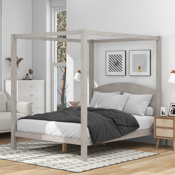 Queen Size Canopy Platform Bed With Headboard And Support Legs,Grey Wash Grey Pine